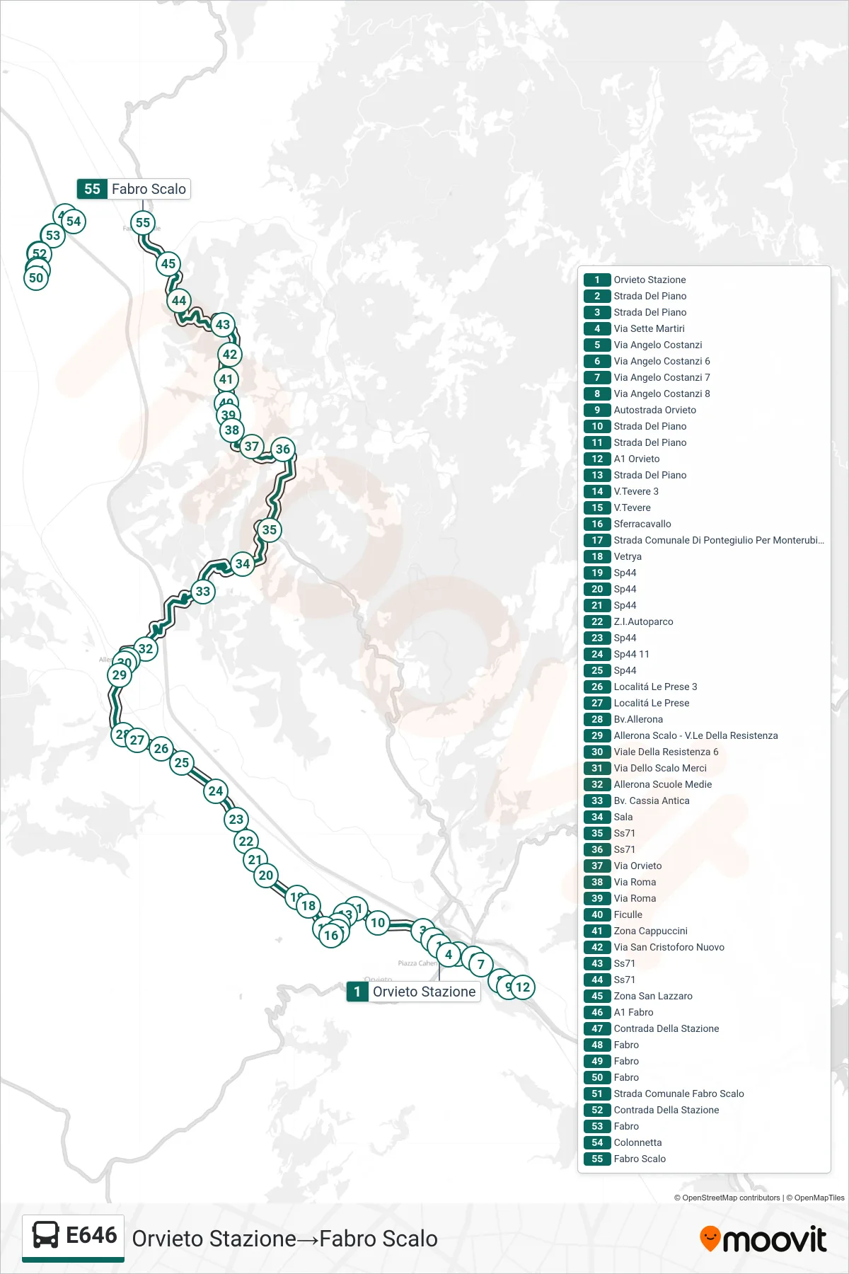 Linea E646  bus (Orvieto Stazione‎→Fabro Scalo) - Percorsi e fermate sulla mappa