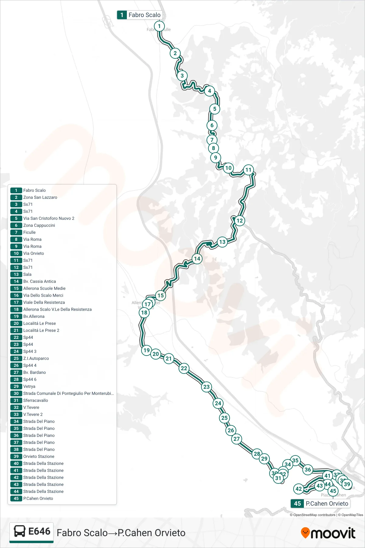 Linea E646  bus (Fabro Scalo‎→P.Cahen Orvieto) - Percorsi e fermate sulla mappa