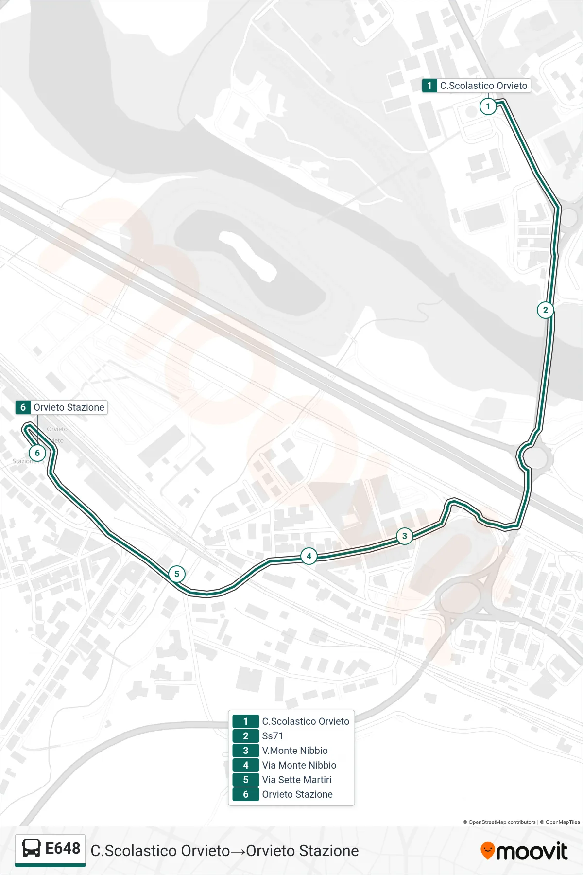 E648 bus Line (Orvieto School Center→Orvieto Station) route and stops on a map
