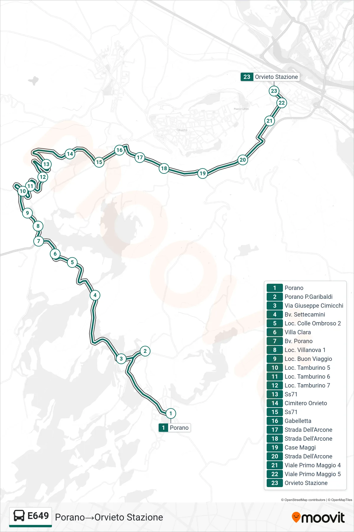 Linea E649  bus (Porano‎→Orvieto Stazione) - Percorsi e fermate sulla mappa