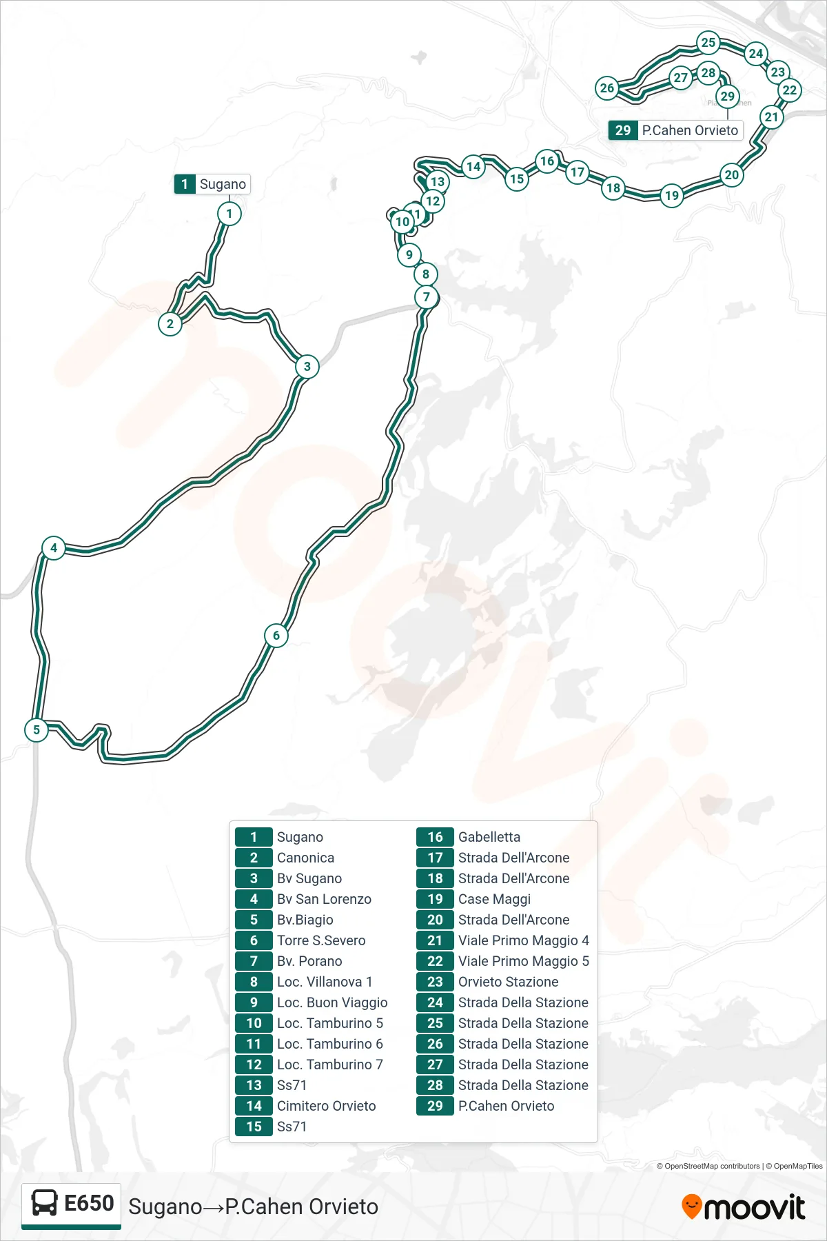 Linea E650 bus (Sugano→P.Cahen Orvieto) - Percorsi e fermate sulla mappa