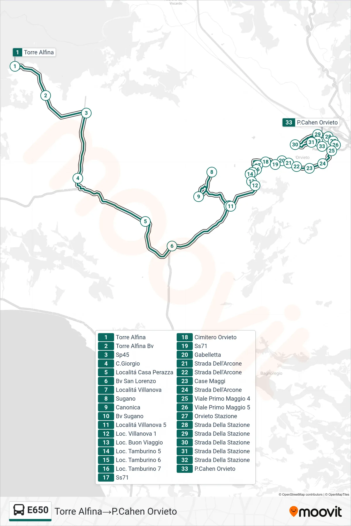 Linea E650 bus (Torre Alfina→P.Cahen Orvieto) - Percorsi e fermate sulla mappa