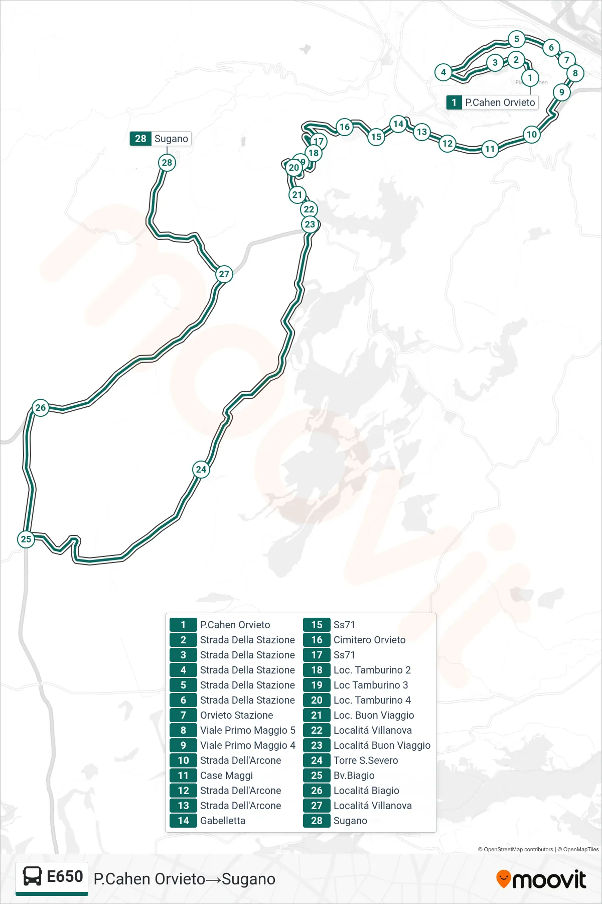 Linea E650 bus (P.Cahen Orvieto→Sugano) - Percorsi e fermate sulla mappa