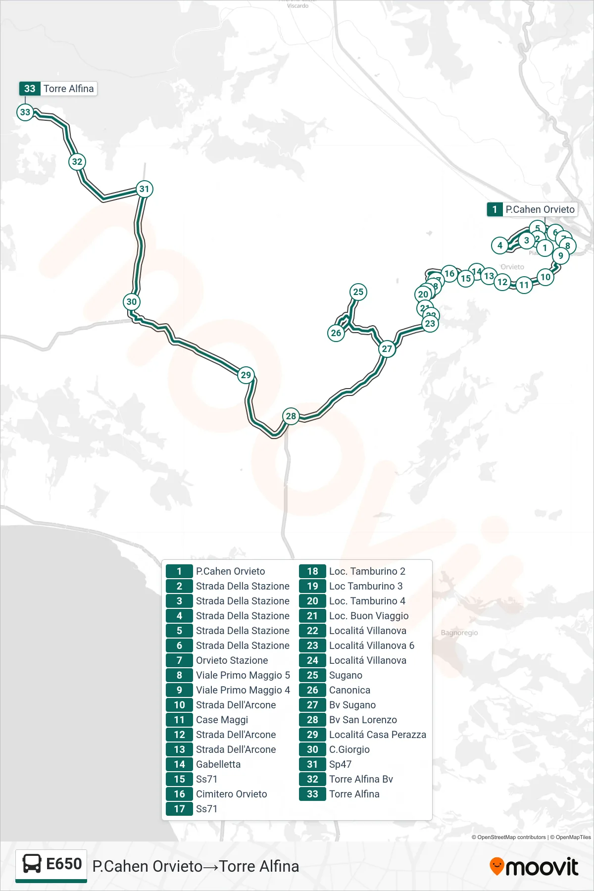 Linea E650  bus (P.Cahen Orvieto‎→Torre Alfina) - Percorsi e fermate sulla mappa