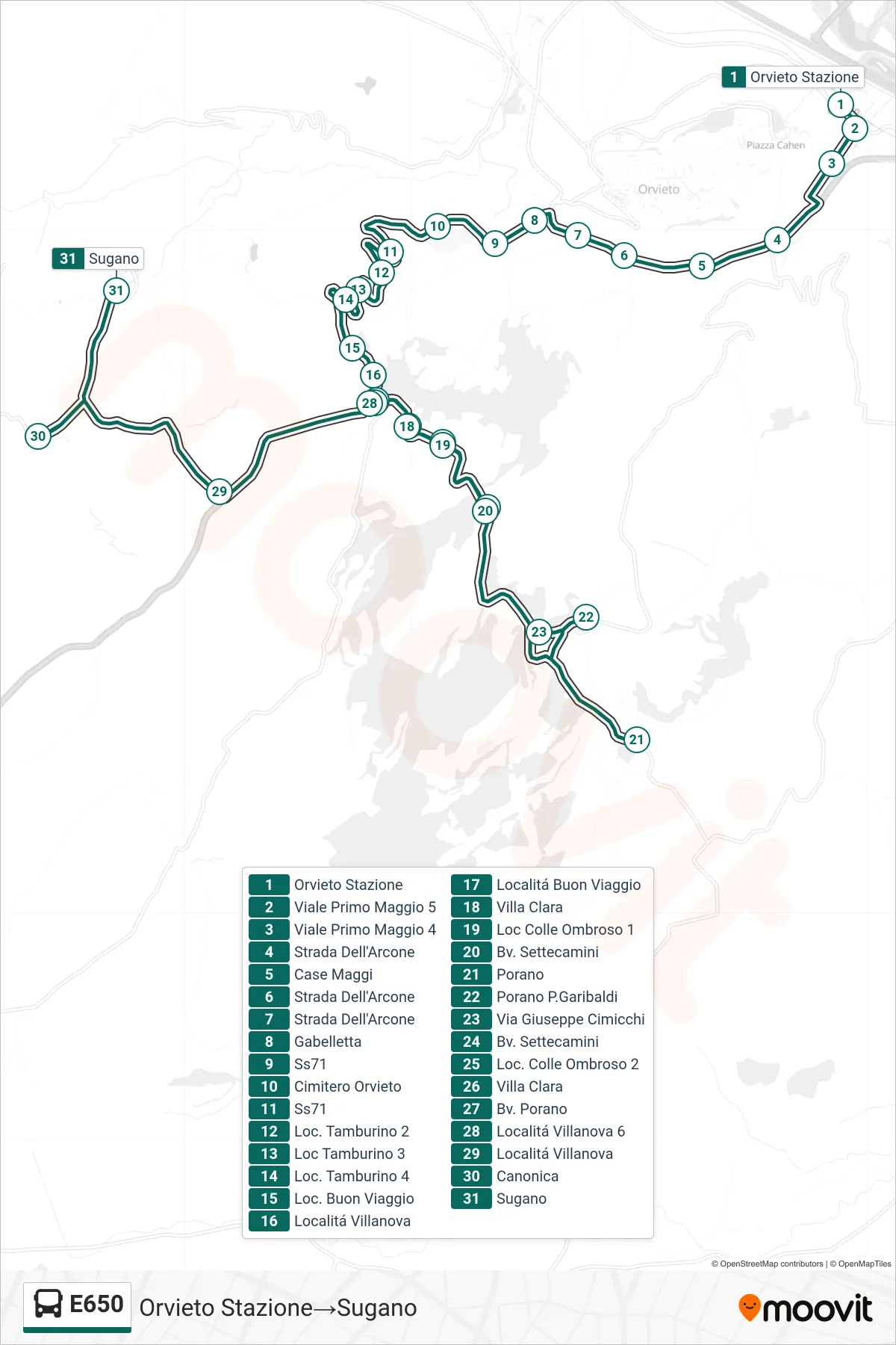 Linea E650  bus (Orvieto Stazione‎→Sugano) - Percorsi e fermate sulla mappa