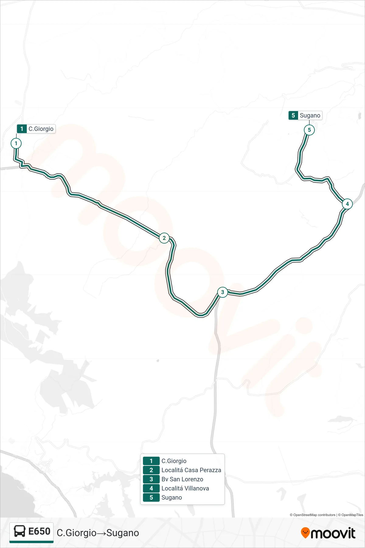 Linea E650 bus (C.Giorgio→Sugano) - Percorsi e fermate sulla mappa