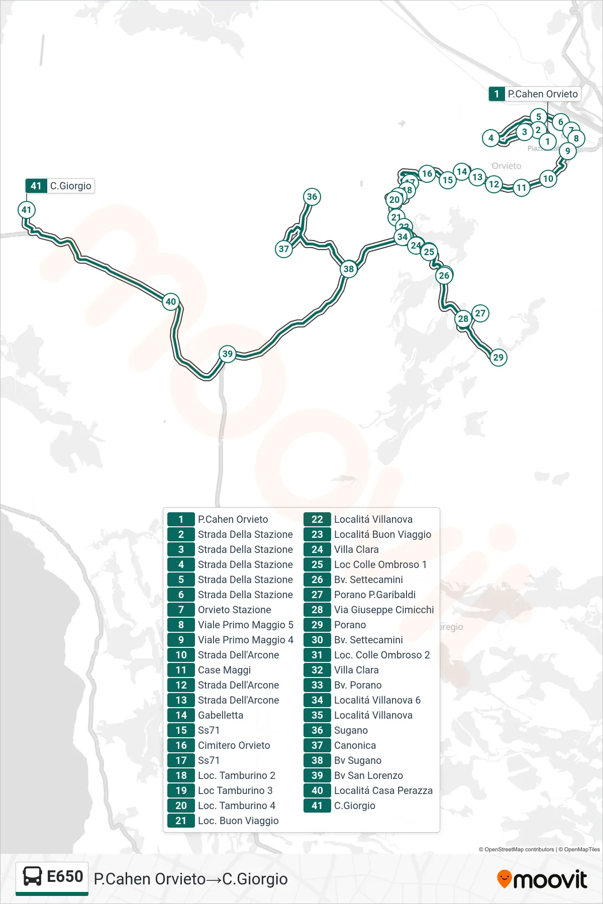 Linea E650 bus (P.Cahen Orvieto→C.Giorgio) - Percorsi e fermate sulla mappa