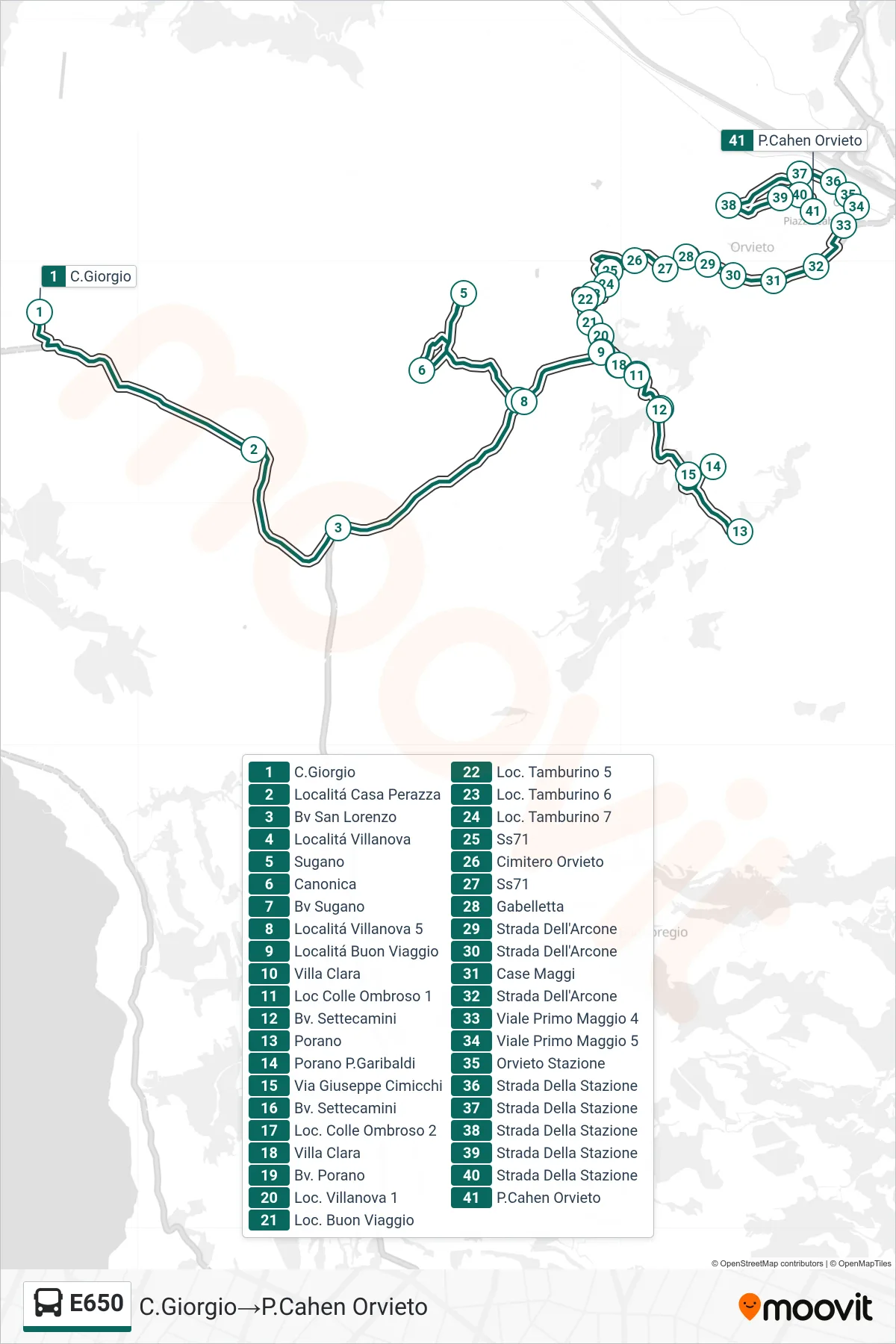 Linea E650  bus (C.Giorgio‎→P.Cahen Orvieto) - Percorsi e fermate sulla mappa