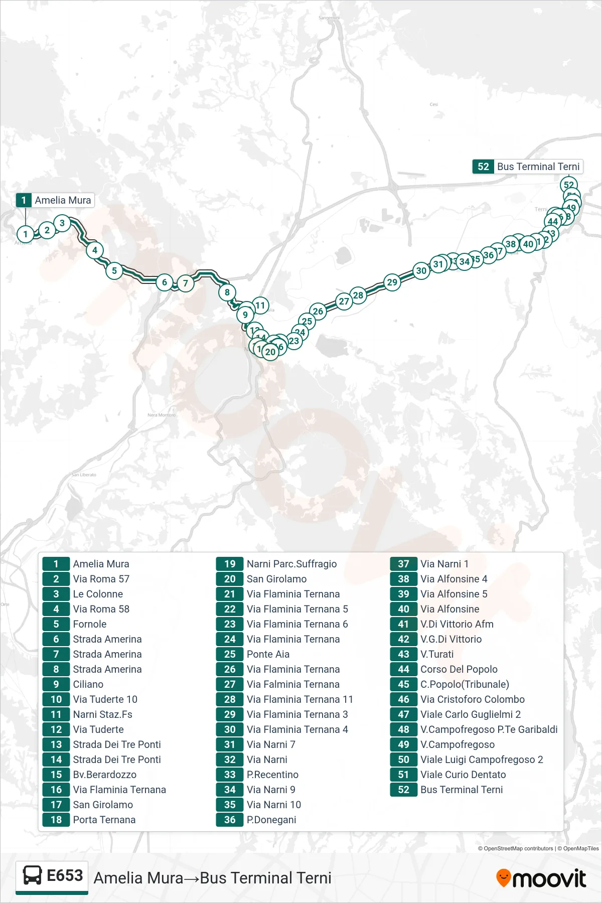 Linea E653 bus (Amelia Mura→Bus Terminal Terni) - Percorsi e fermate sulla mappa