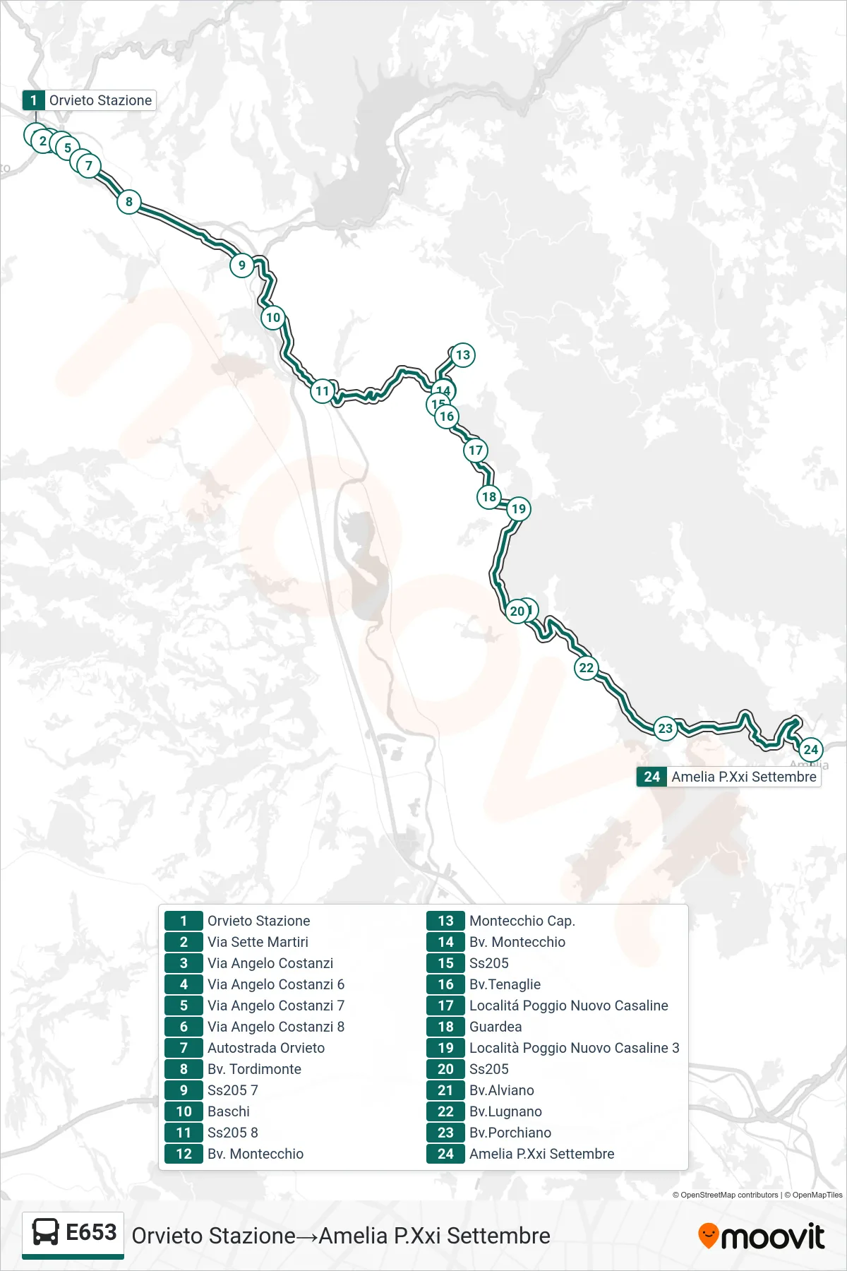 Linea E653  bus (Orvieto Stazione‎→Amelia P.Xxi Settembre) - Percorsi e fermate sulla mappa