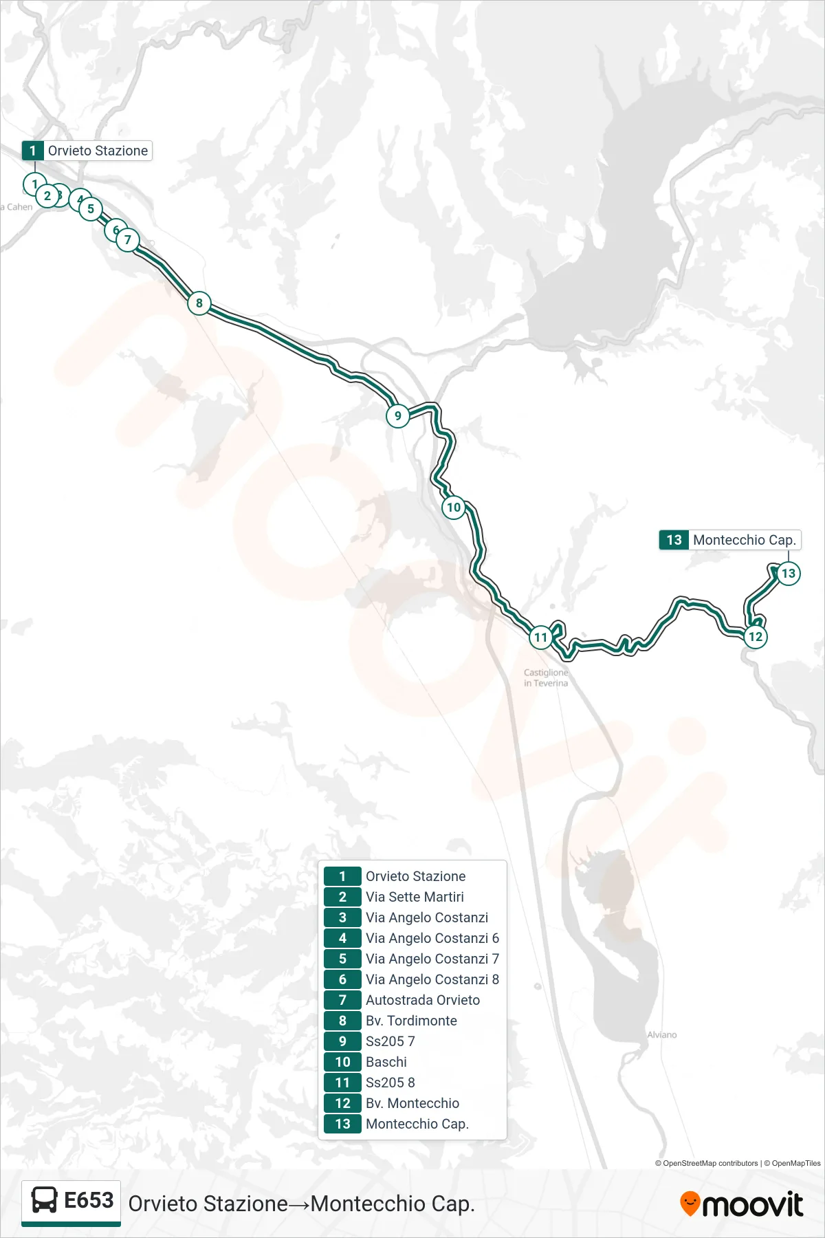 Linea E653 bus (Orvieto Stazione→Montecchio Cap.) - Percorsi e fermate sulla mappa
