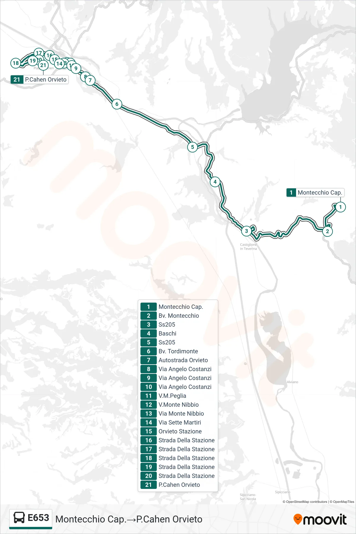 E653 bus Line (Montecchio Terminal→Cahen Square Orvieto) route and stops on a map