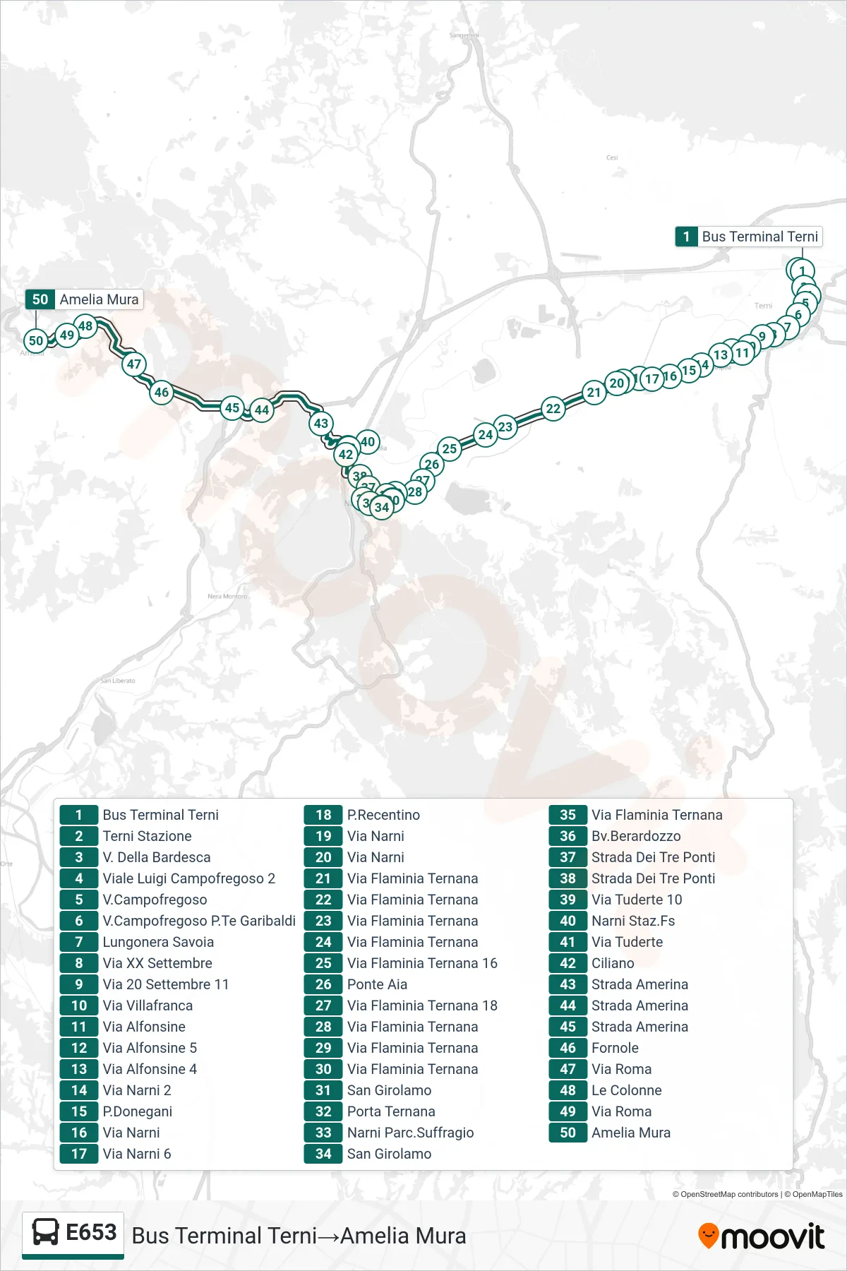 Linea E653 bus (Bus Terminal Terni→Amelia Mura) - Percorsi e fermate sulla mappa