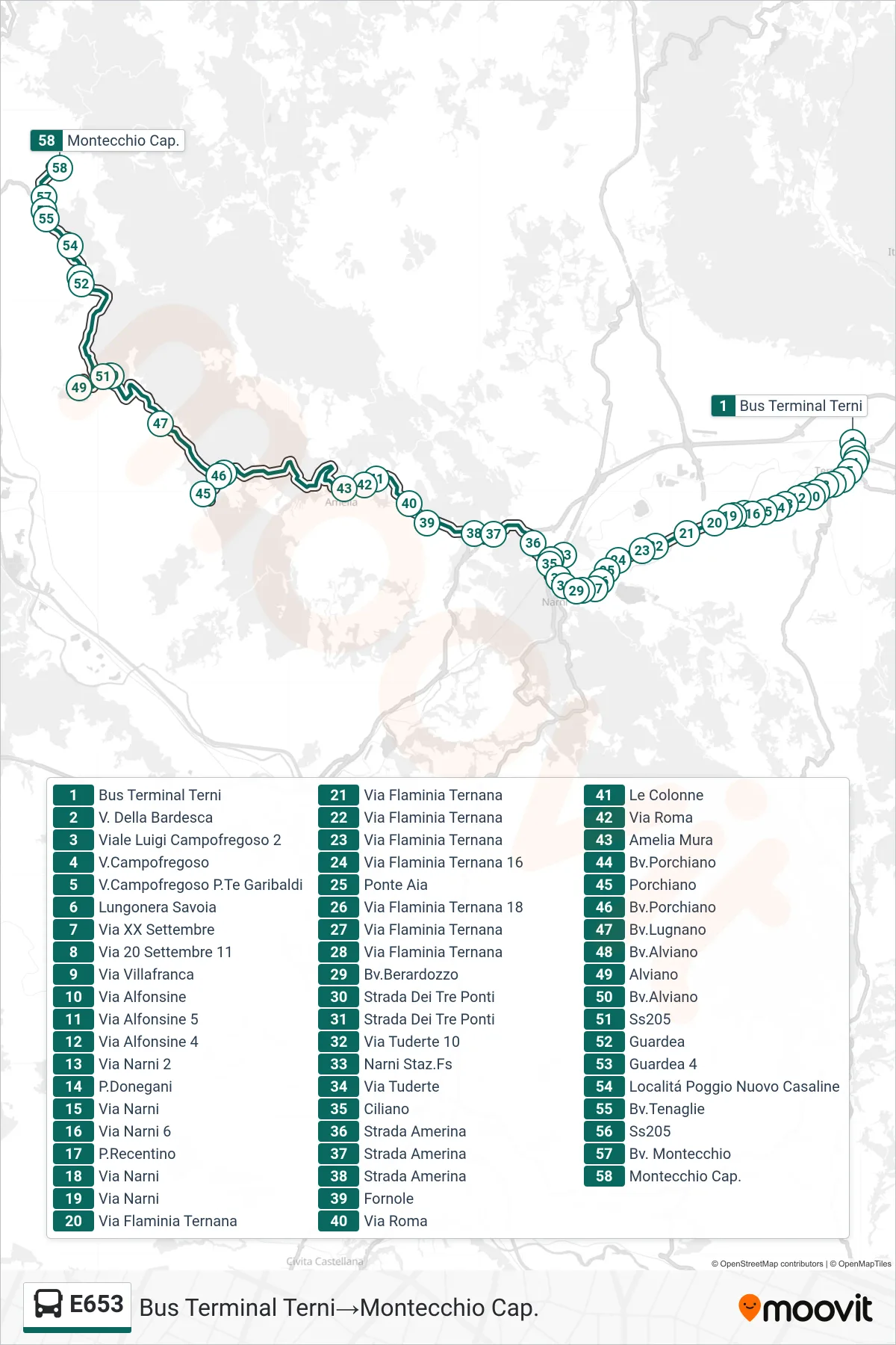 Linea E653  bus (Bus Terminal Terni‎→Montecchio Cap.) - Percorsi e fermate sulla mappa