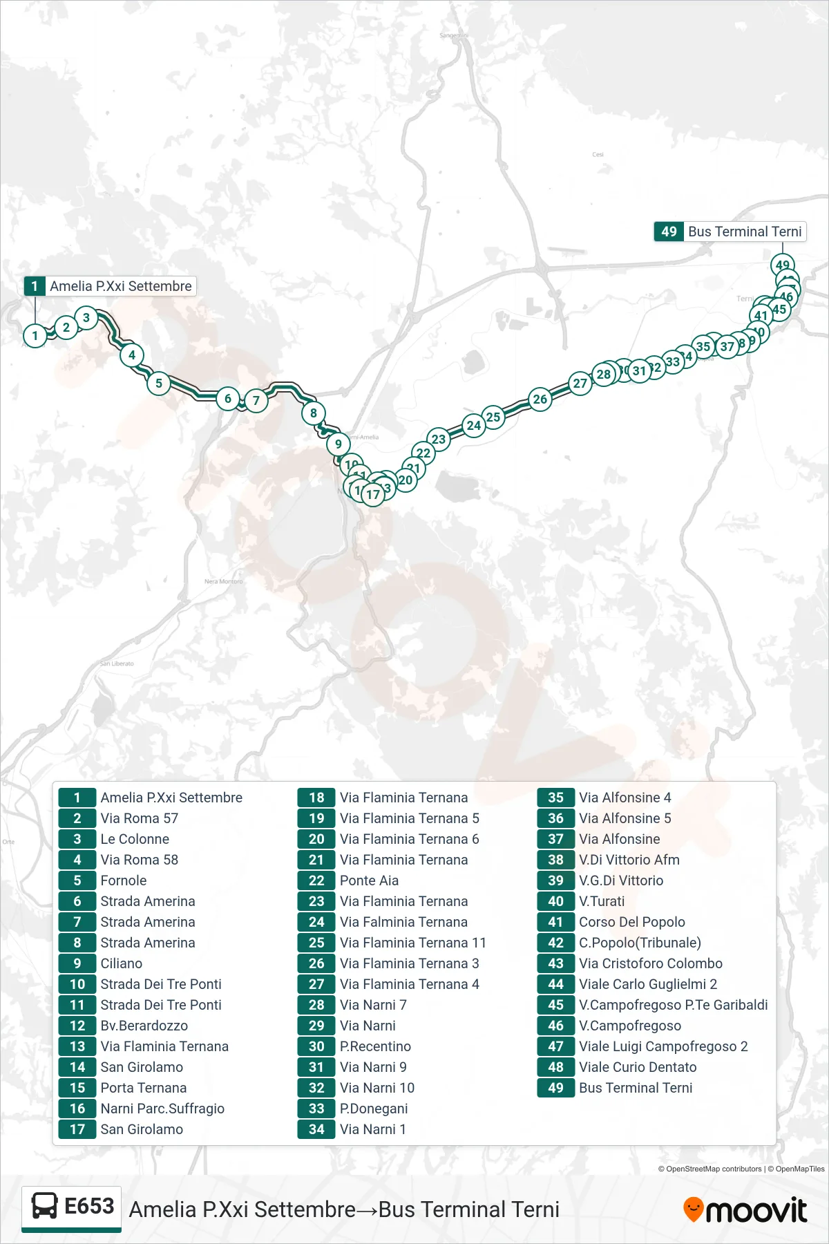Linea E653 bus (Amelia P.Xxi Settembre→Bus Terminal Terni) - Percorsi e fermate sulla mappa