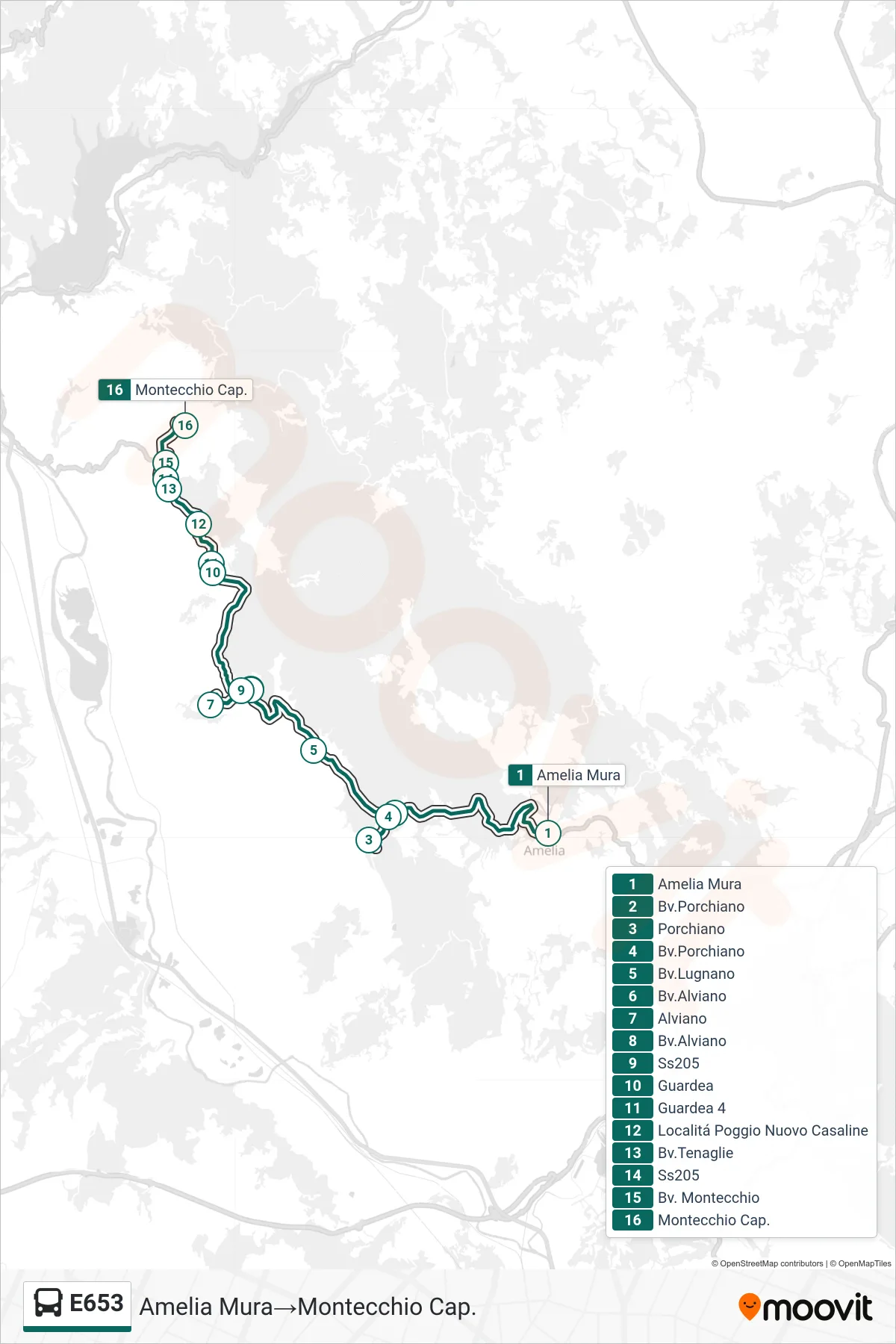 E653 bus Line (Amelia Walls‎→Montecchio Terminal) route and stops on a map