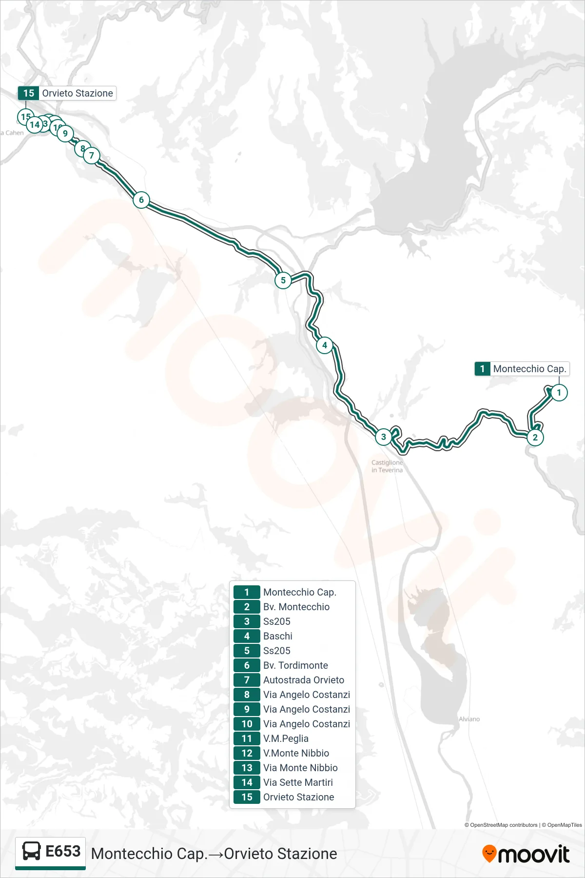 Linea E653  bus (Montecchio Cap.‎→Orvieto Stazione) - Percorsi e fermate sulla mappa