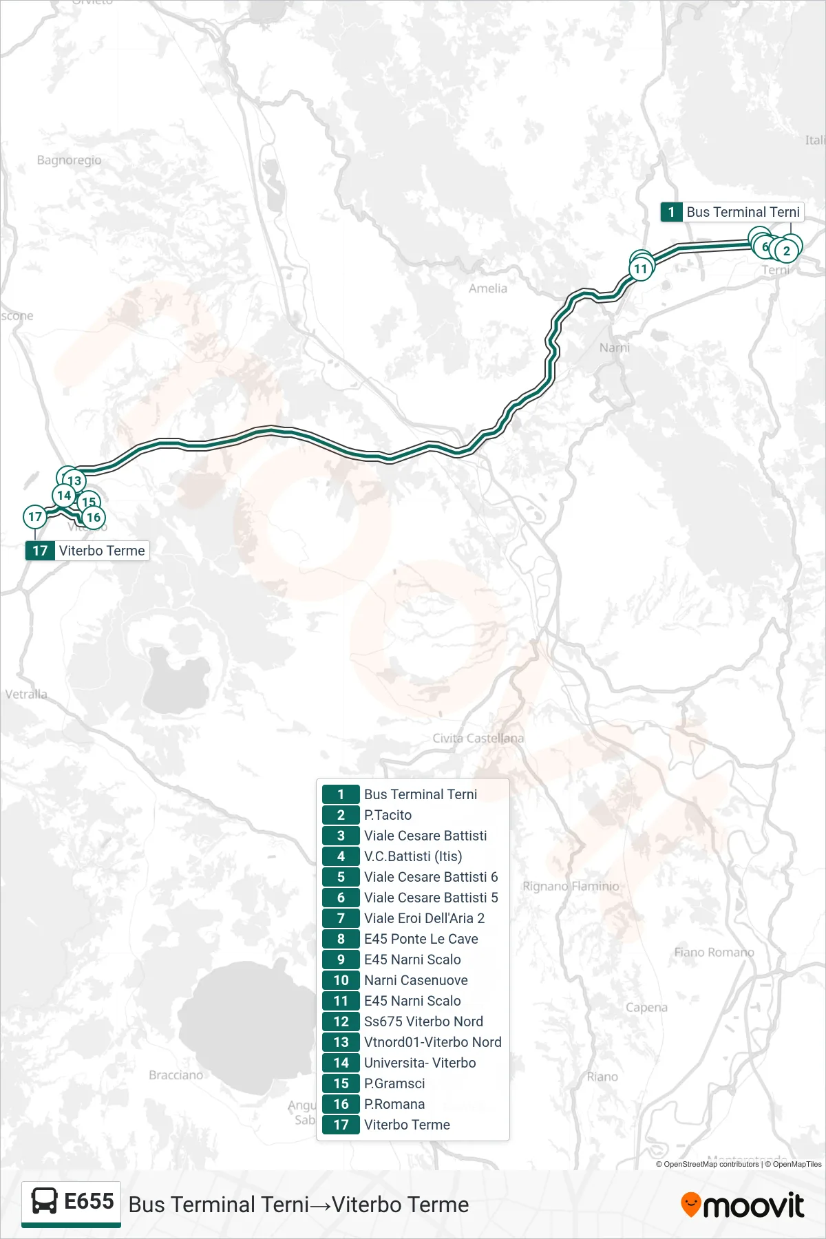 Linea E655 bus (Bus Terminal Terni→Viterbo Terme) - Percorsi e fermate sulla mappa