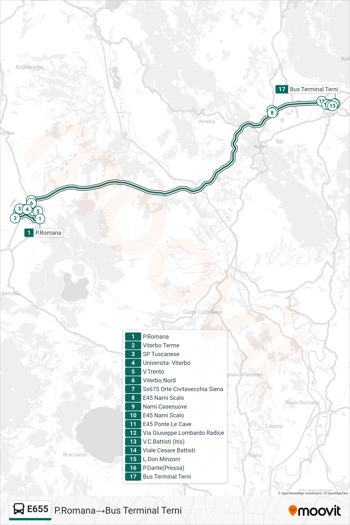 Linea E655  bus (P.Romana‎→Bus Terminal Terni) - Percorsi e fermate sulla mappa