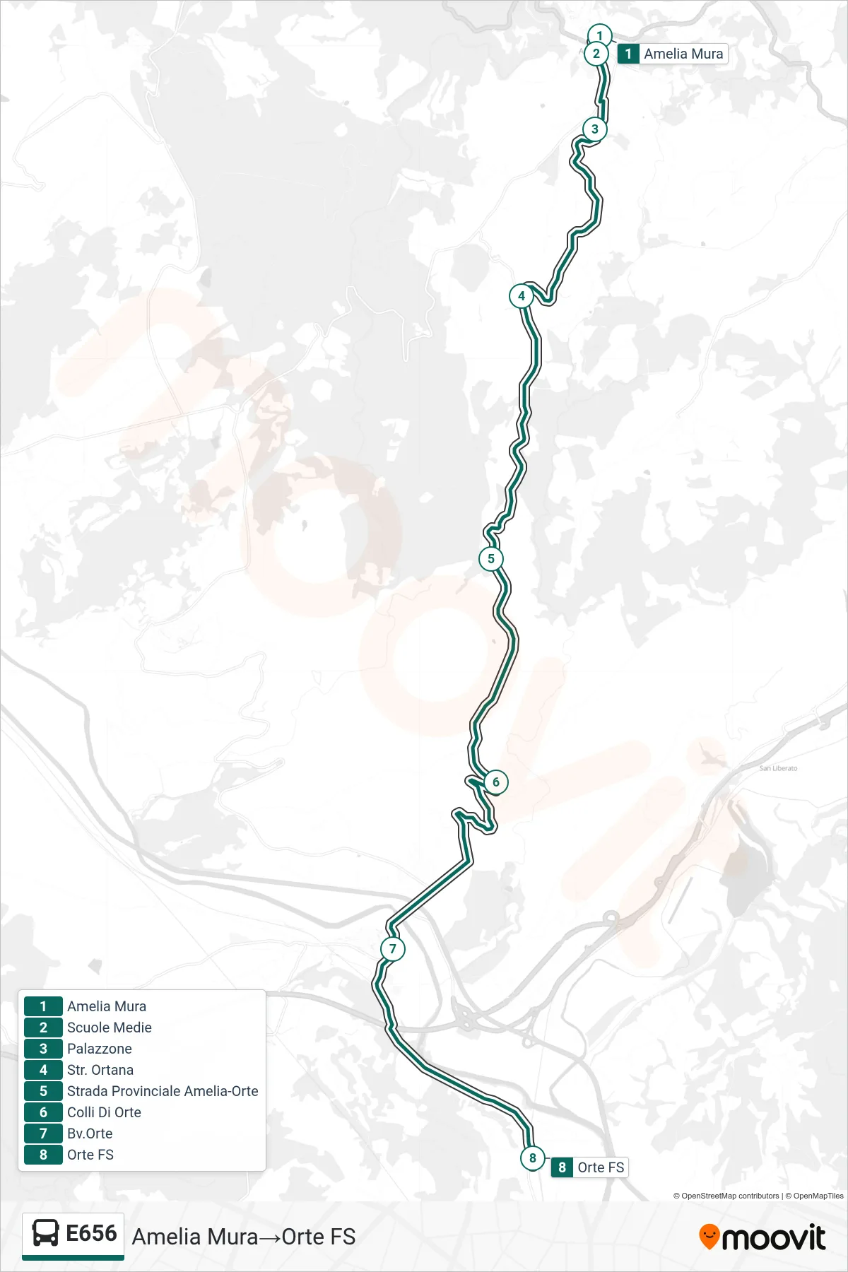 Linea E656  bus (Amelia Mura‎→Orte FS) - Percorsi e fermate sulla mappa