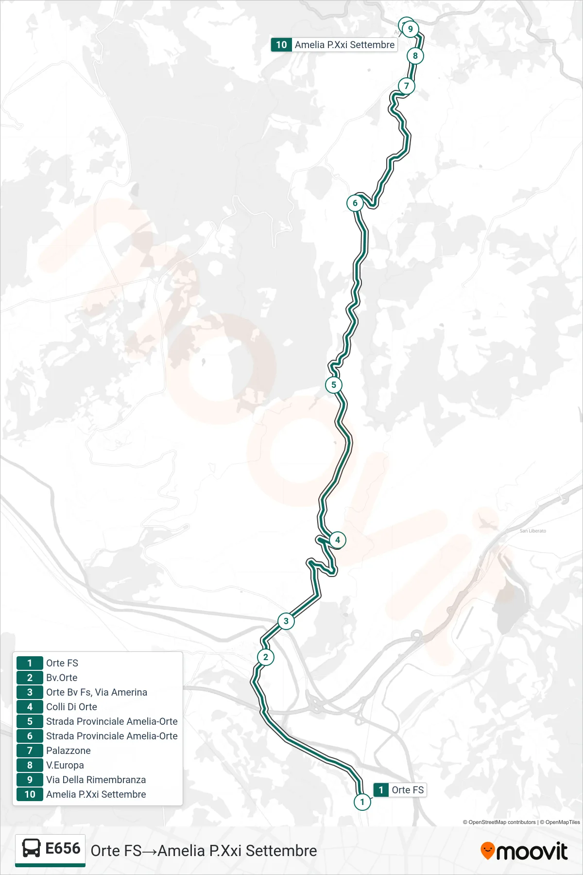 Linea E656 bus (Orte FS→Amelia P.Xxi Settembre) - Percorsi e fermate sulla mappa