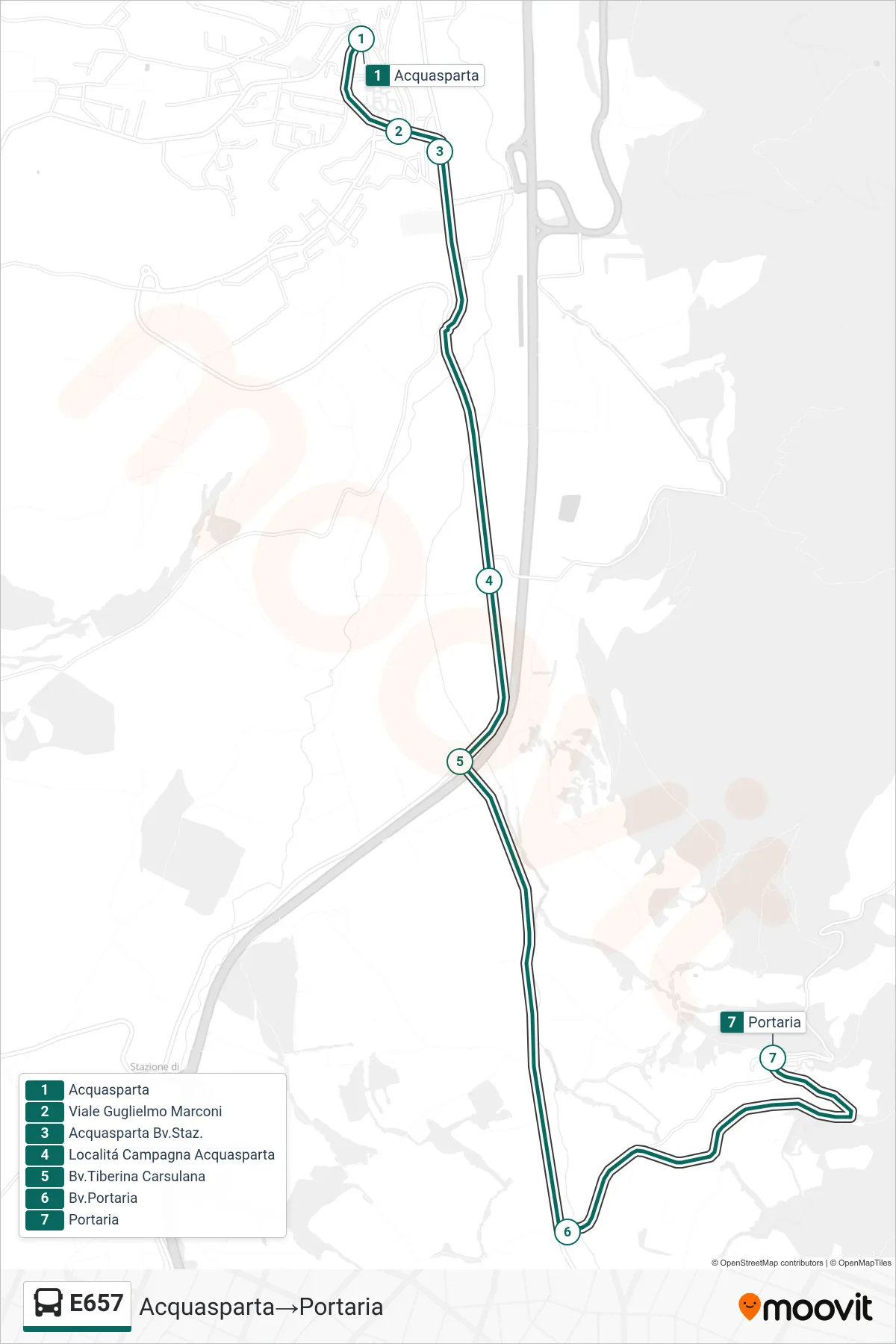 Linea E657 bus (Acquasparta→Portaria) - Percorsi e fermate sulla mappa