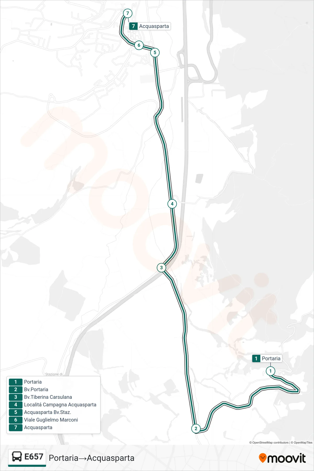 Linea E657  bus (Portaria‎→Acquasparta) - Percorsi e fermate sulla mappa