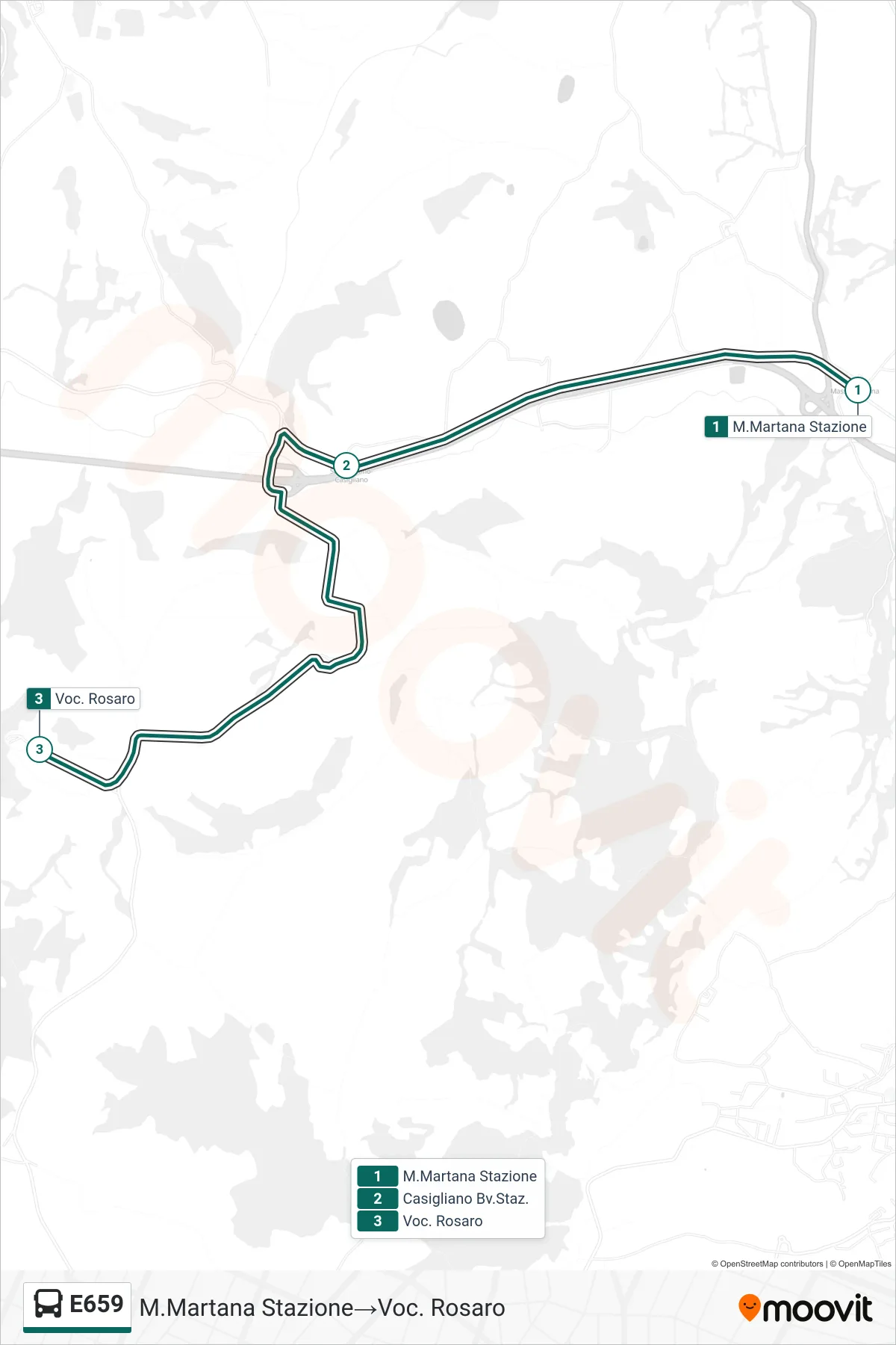 E659 bus Line (Monte Martana Station‎→Vocabolo Rosaro) route and stops on a map