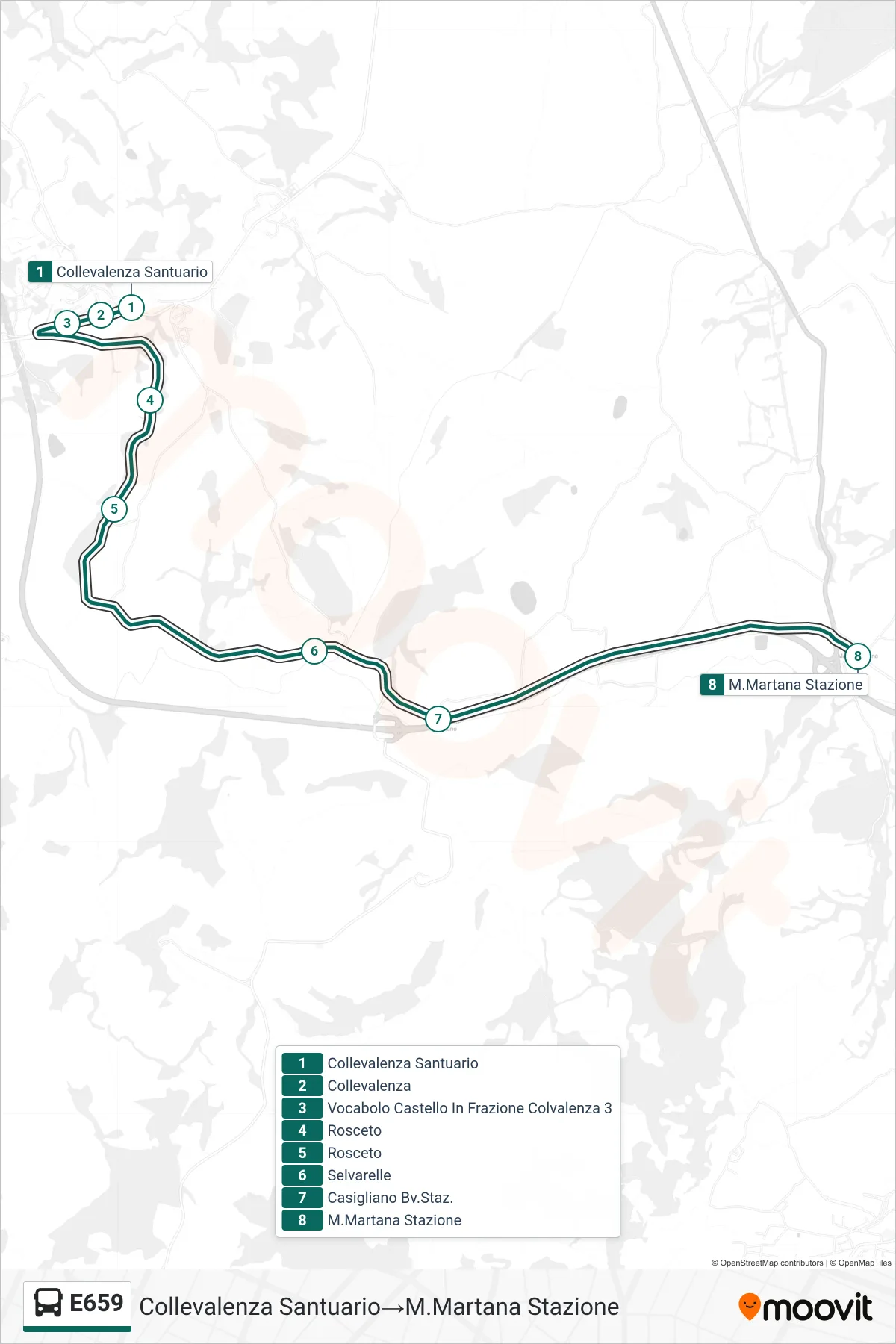 Linea E659 bus (Collevalenza Santuario→M.Martana Stazione) - Percorsi e fermate sulla mappa