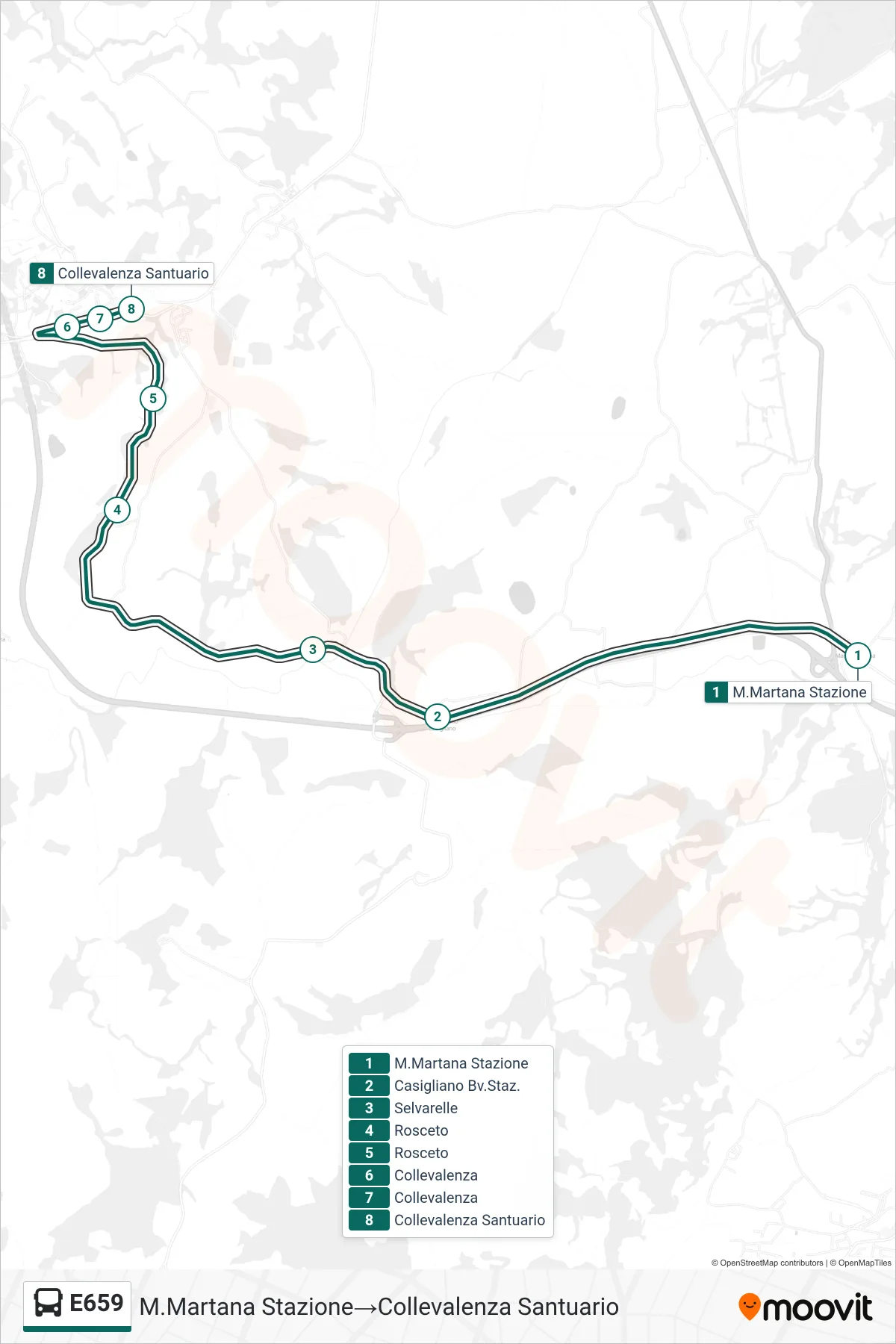 Linea E659  bus (M.Martana Stazione‎→Collevalenza Santuario) - Percorsi e fermate sulla mappa