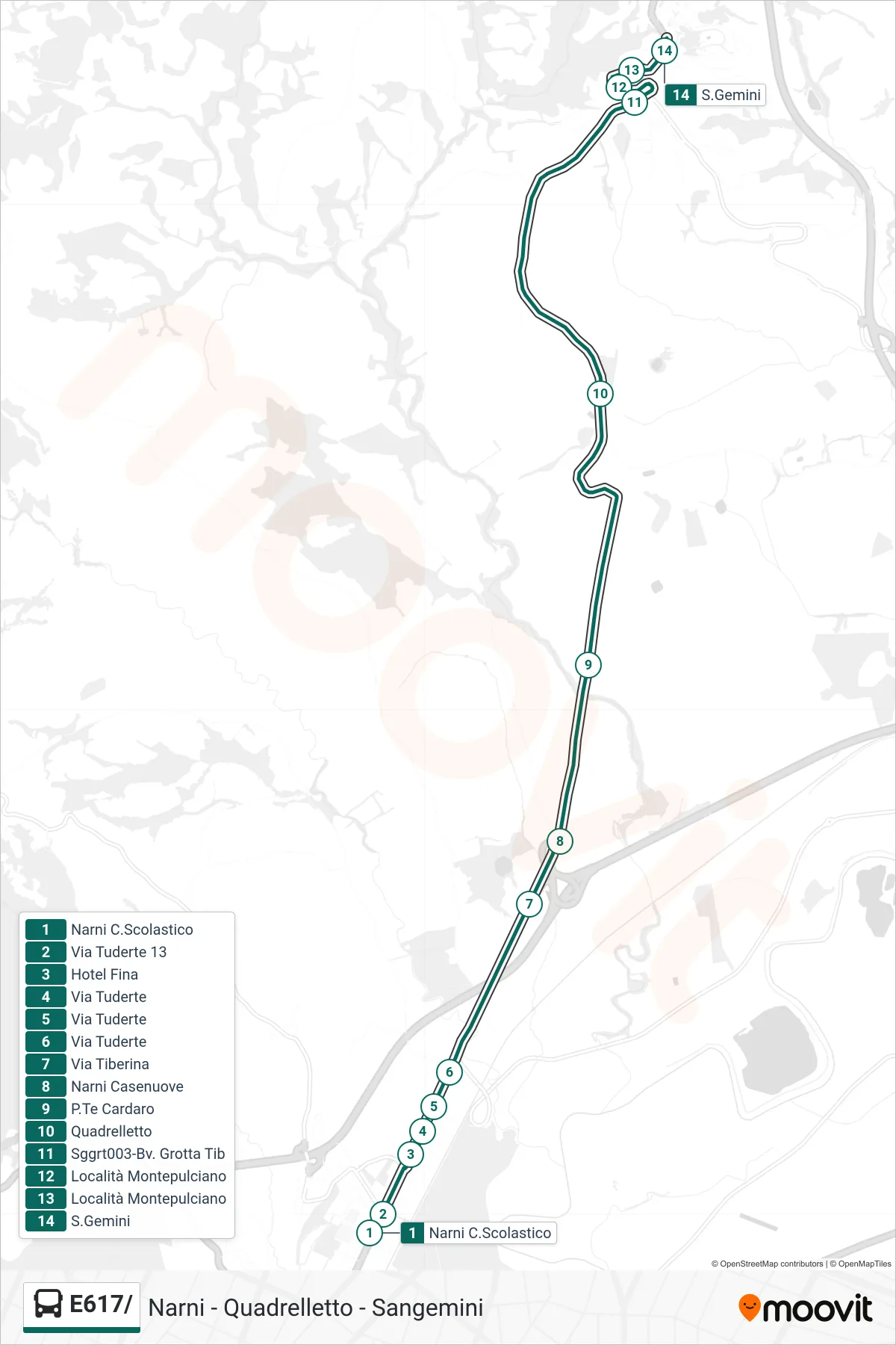 E617/ bus Line (Narni School Complex→San Gemini) route and stops on a map