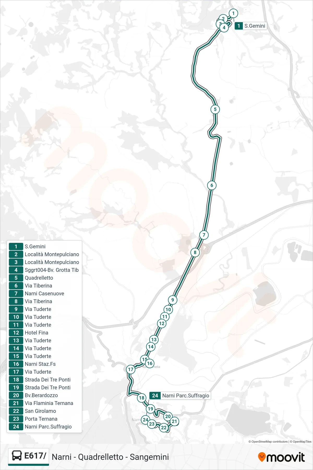 Linea E617/ bus (S.Gemini→Narni Parc.Suffragio) - Percorsi e fermate sulla mappa