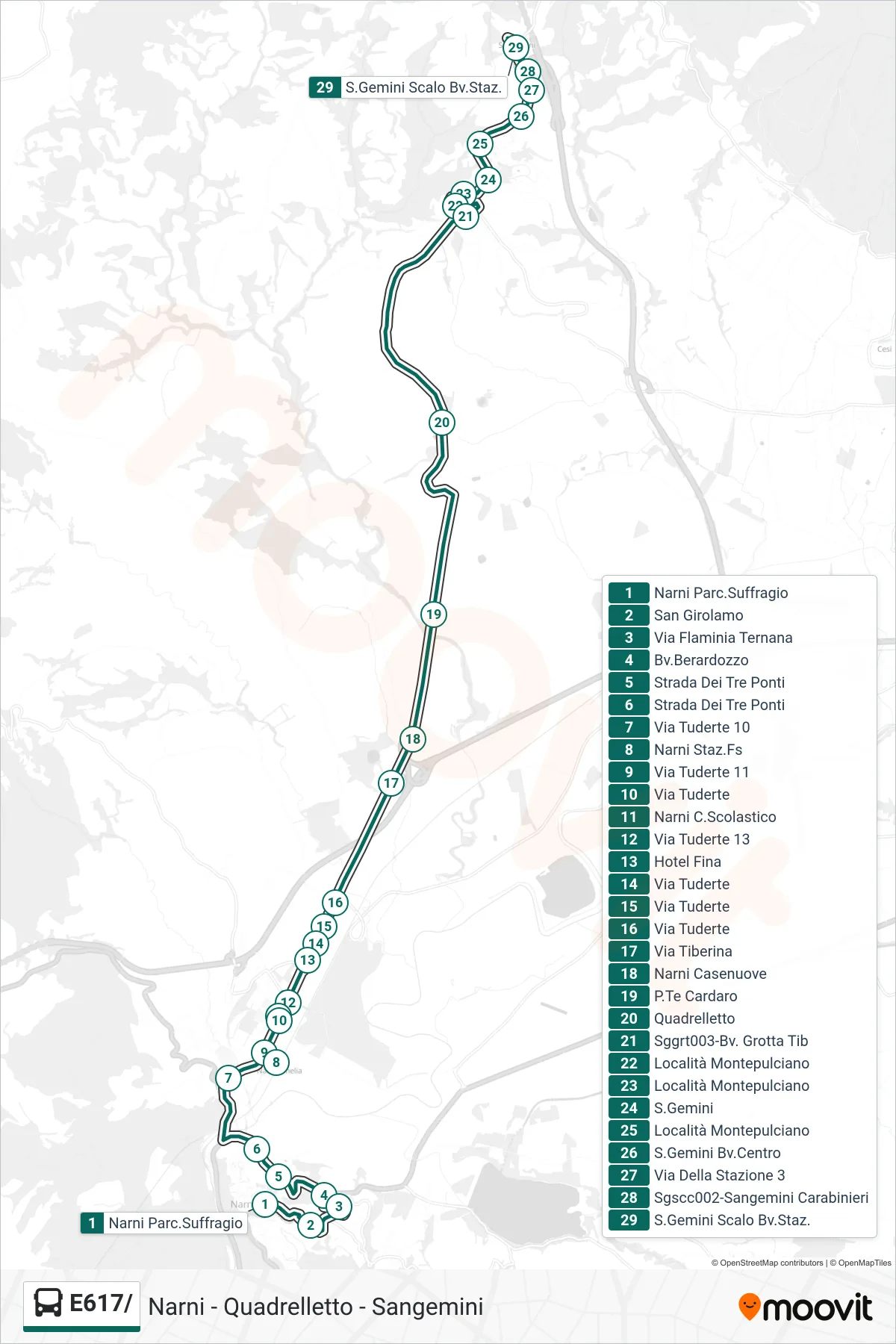 Linea E617/ bus (Narni Parc.Suffragio→S.Gemini Scalo Bv.Staz.) - Percorsi e fermate sulla mappa