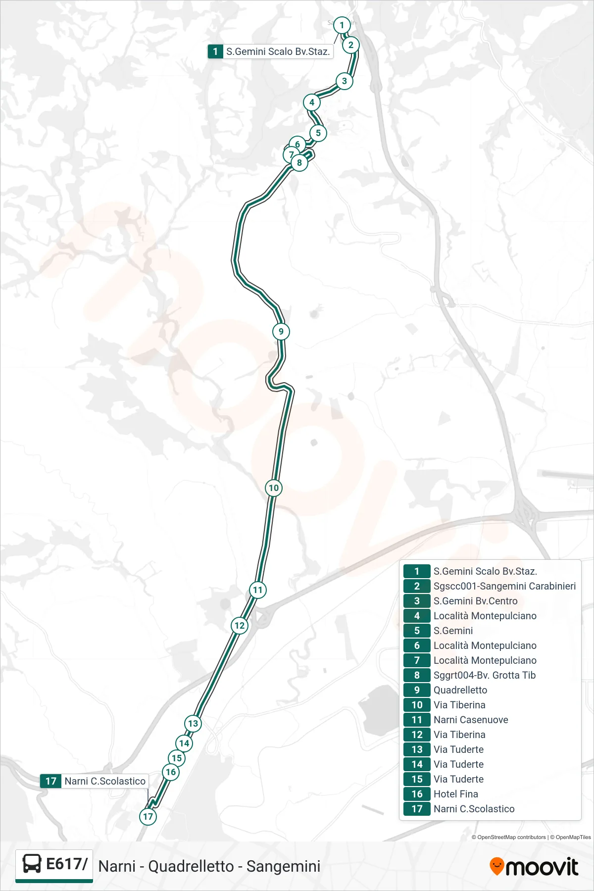E617/ bus Line (San Gemini Station Junction→Narni School Complex) route and stops on a map