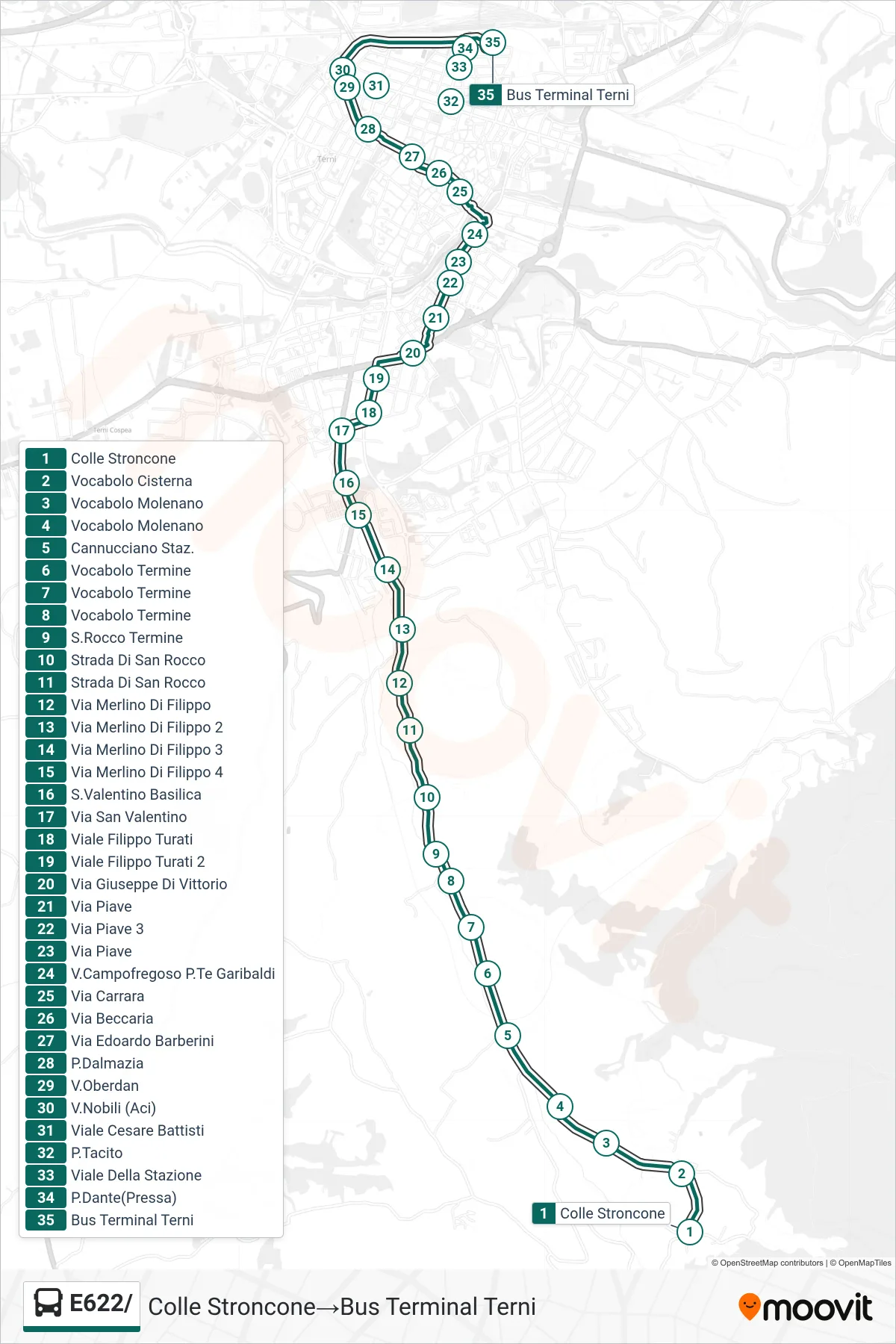 Linea E622/  bus (Colle Stroncone‎→Bus Terminal Terni) - Percorsi e fermate sulla mappa