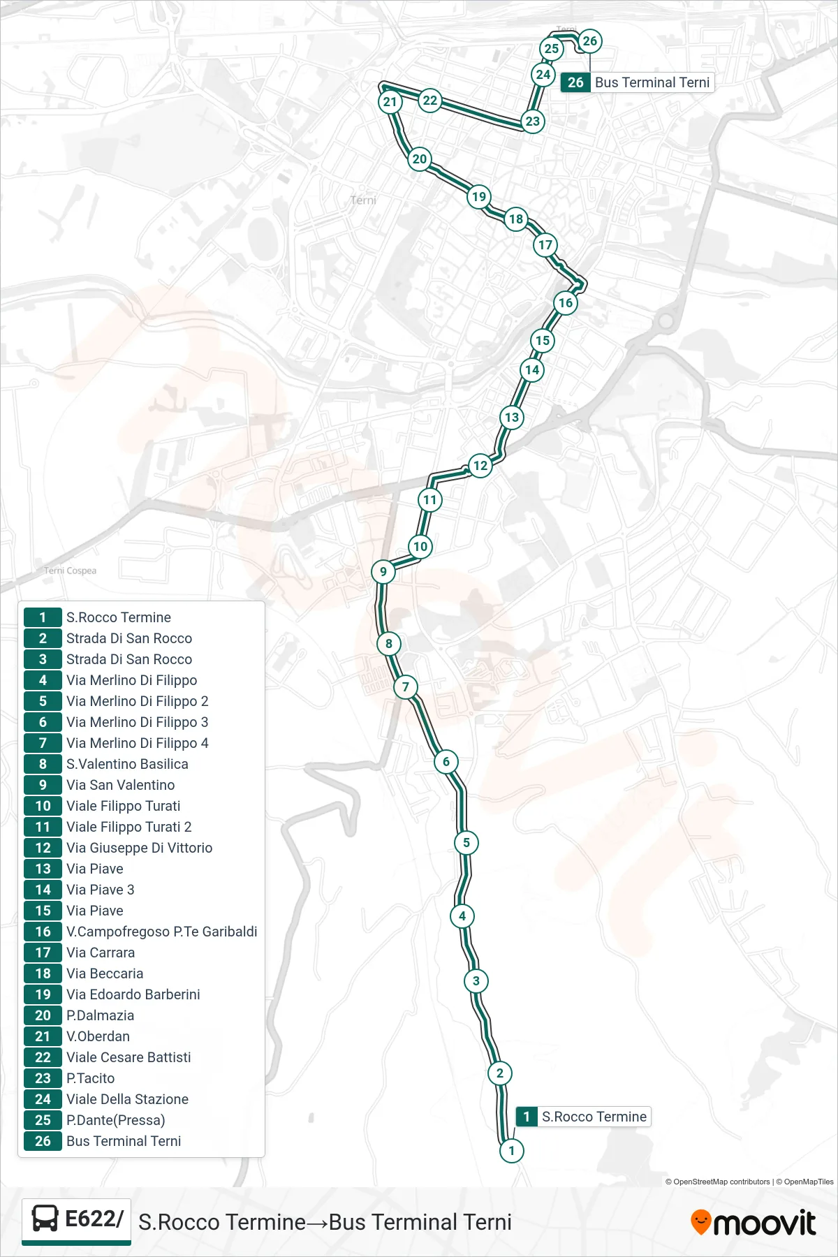 E622/ bus Line (San Rocco Termine→Bus Terminal Terni) route and stops on a map