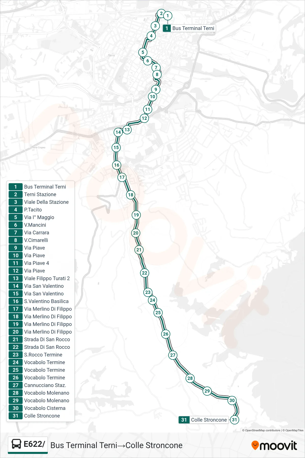 Linea E622/  bus (Bus Terminal Terni‎→Colle Stroncone) - Percorsi e fermate sulla mappa