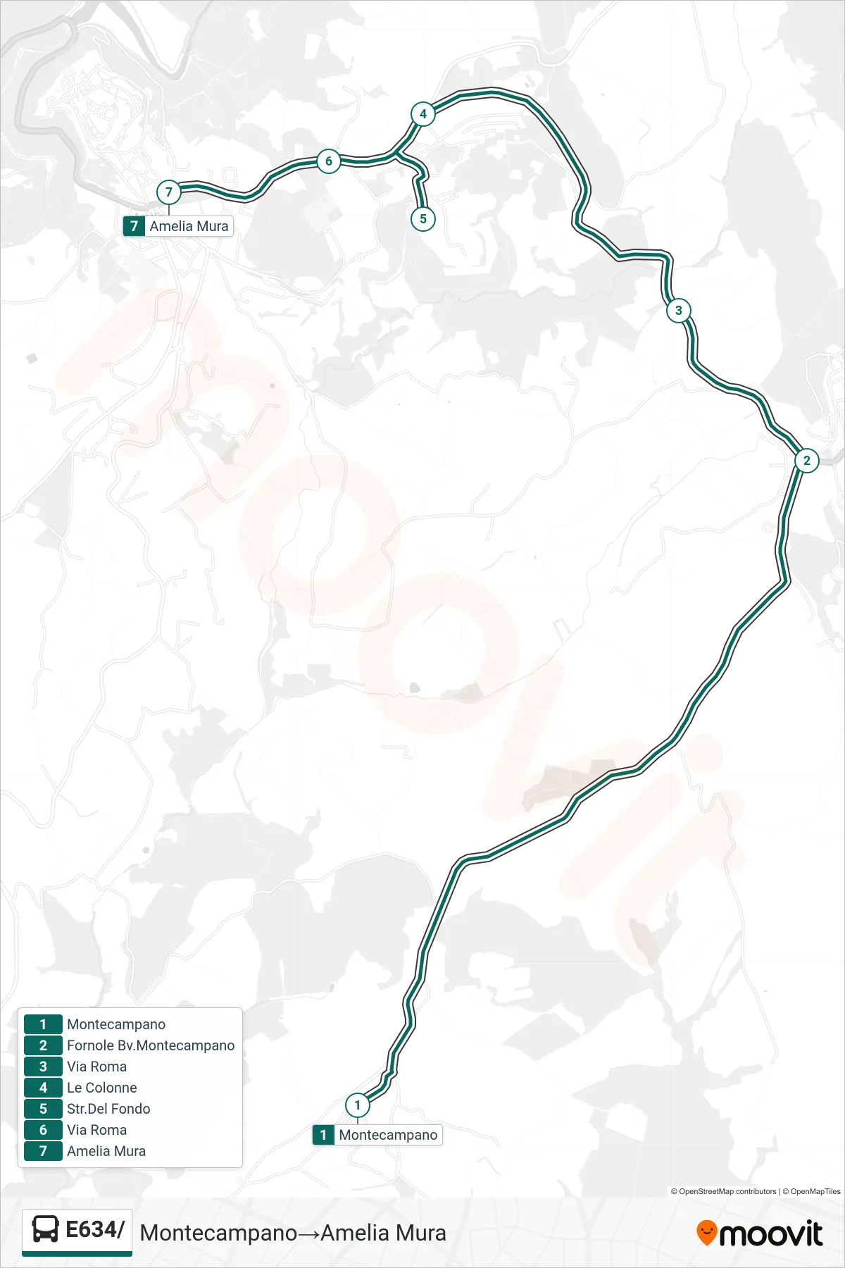 E634/ bus Line (Montecampano‎→Amelia Walls) route and stops on a map