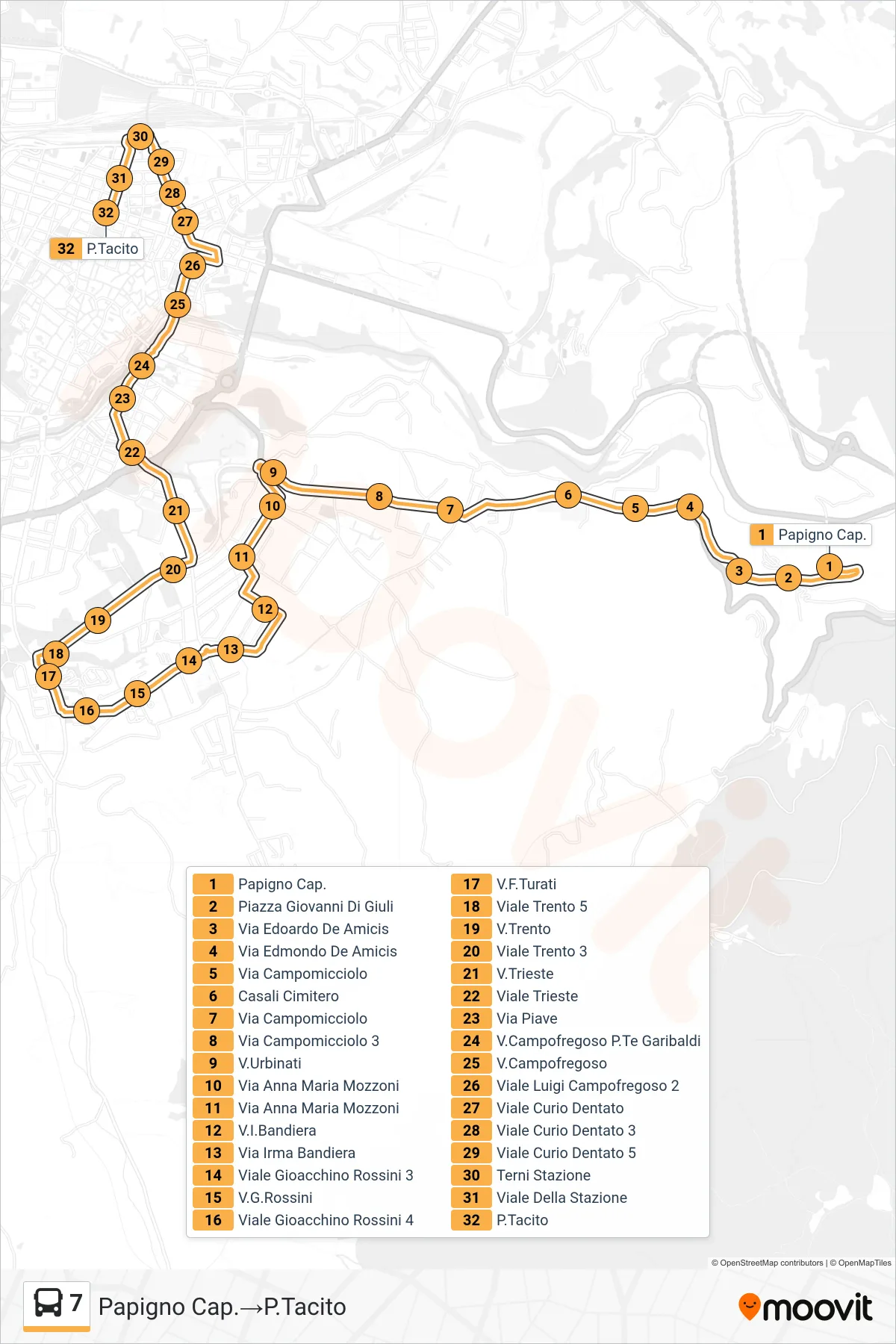 Linea 7  bus (Papigno Cap.‎→P.Tacito) - Percorsi e fermate sulla mappa