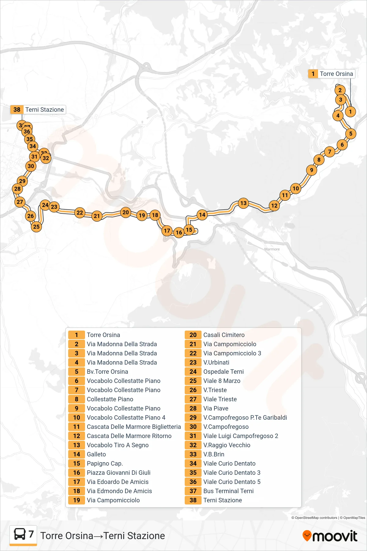 Linea 7  bus (Torre Orsina‎→Terni Stazione) - Percorsi e fermate sulla mappa