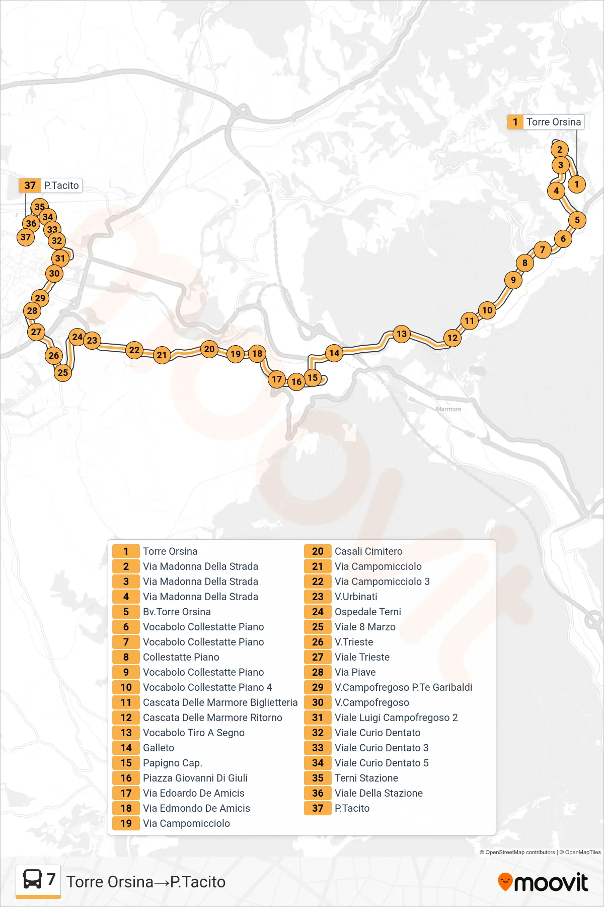 Linea 7  bus (Torre Orsina‎→P.Tacito) - Percorsi e fermate sulla mappa