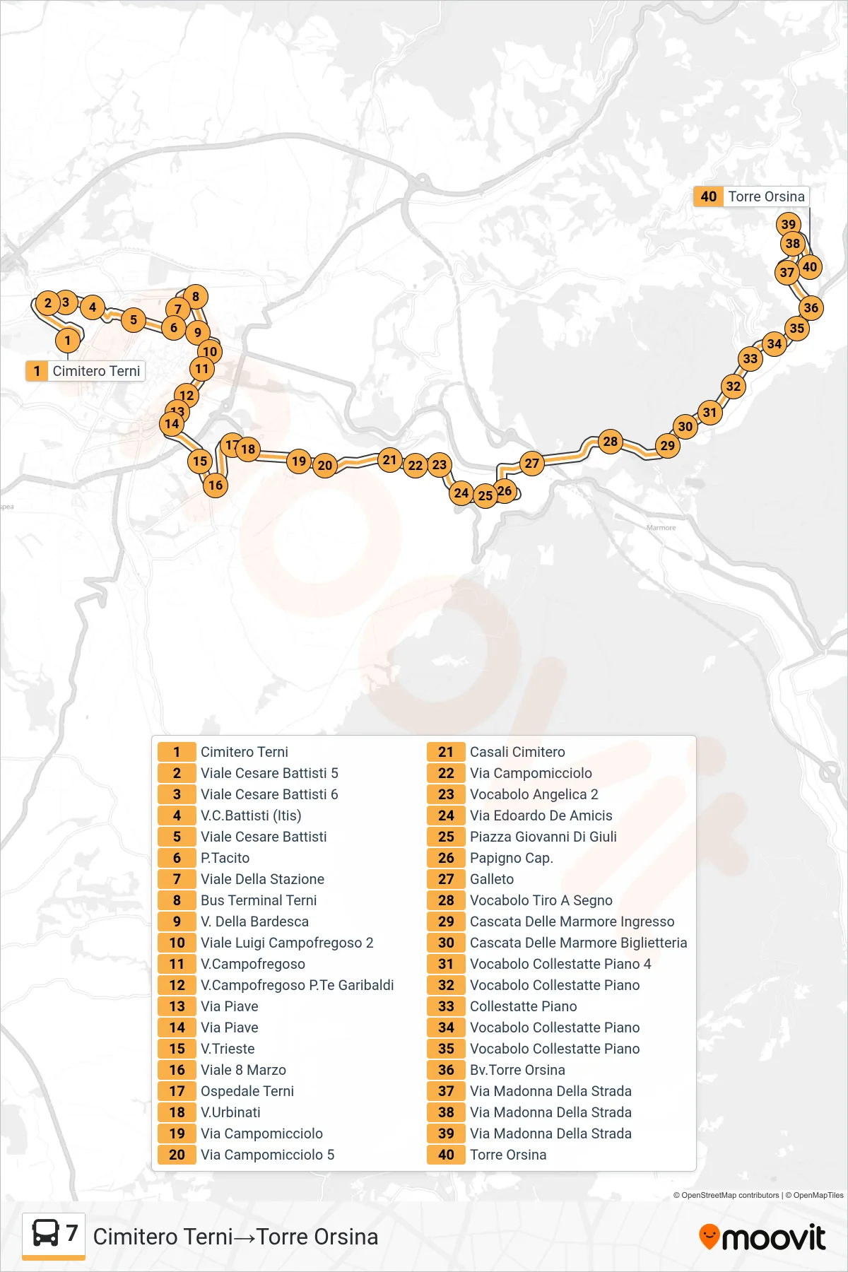 Linea 7 bus (Cimitero Terni→Torre Orsina) - Percorsi e fermate sulla mappa