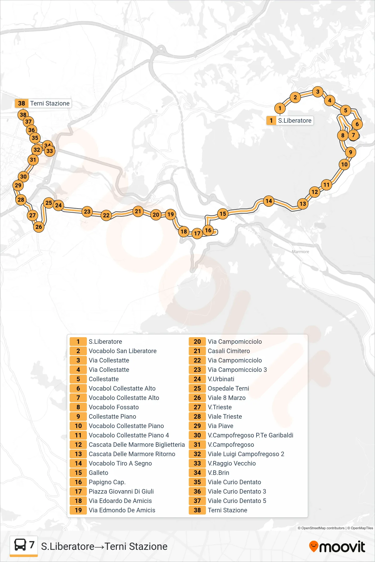Linea 7 bus (S.Liberatore→Terni Stazione) - Percorsi e fermate sulla mappa
