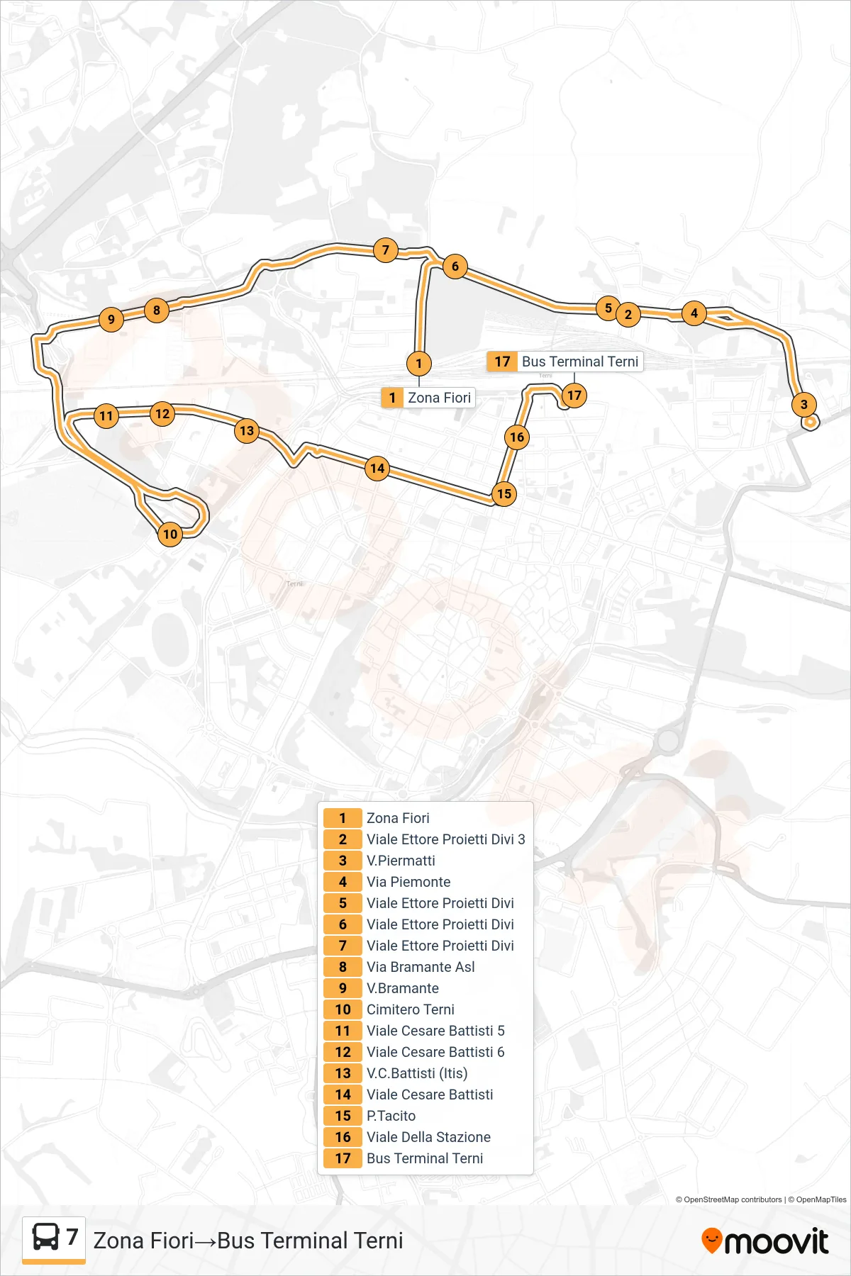 Linea 7 bus (Zona Fiori→Bus Terminal Terni) - Percorsi e fermate sulla mappa