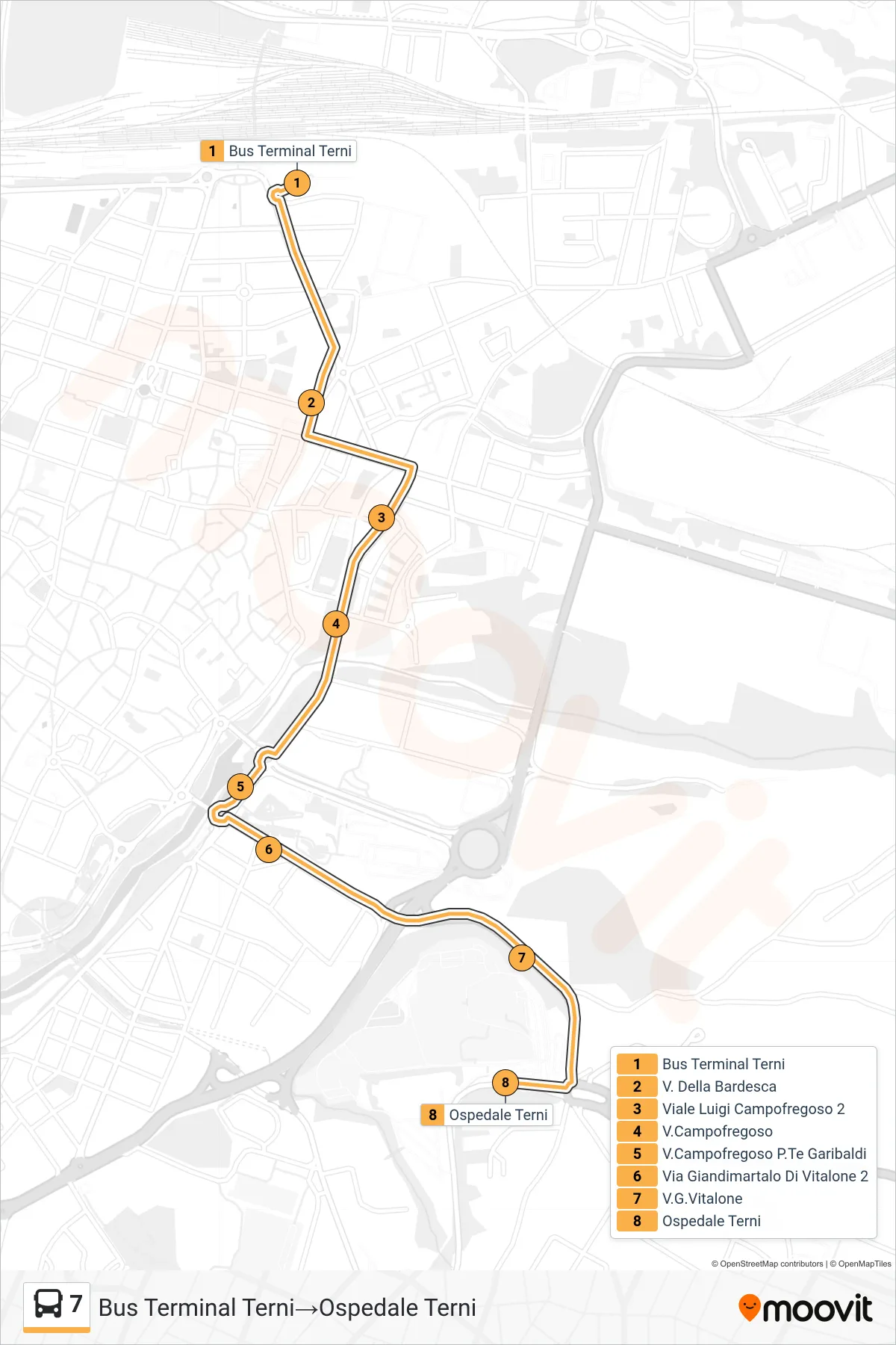 Linea 7  bus (Bus Terminal Terni‎→Ospedale Terni) - Percorsi e fermate sulla mappa