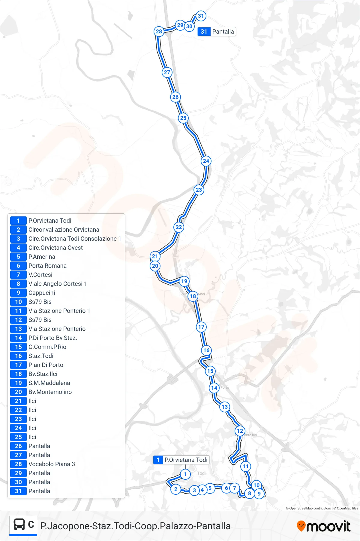 Linea C  bus (P.Orvietana Todi‎→Pantalla) - Percorsi e fermate sulla mappa