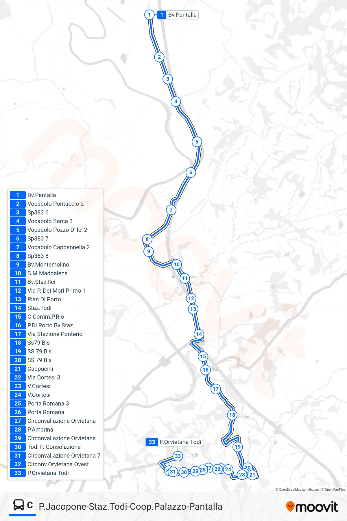 Linea C bus (Bv.Pantalla→P.Orvietana Todi) - Percorsi e fermate sulla mappa