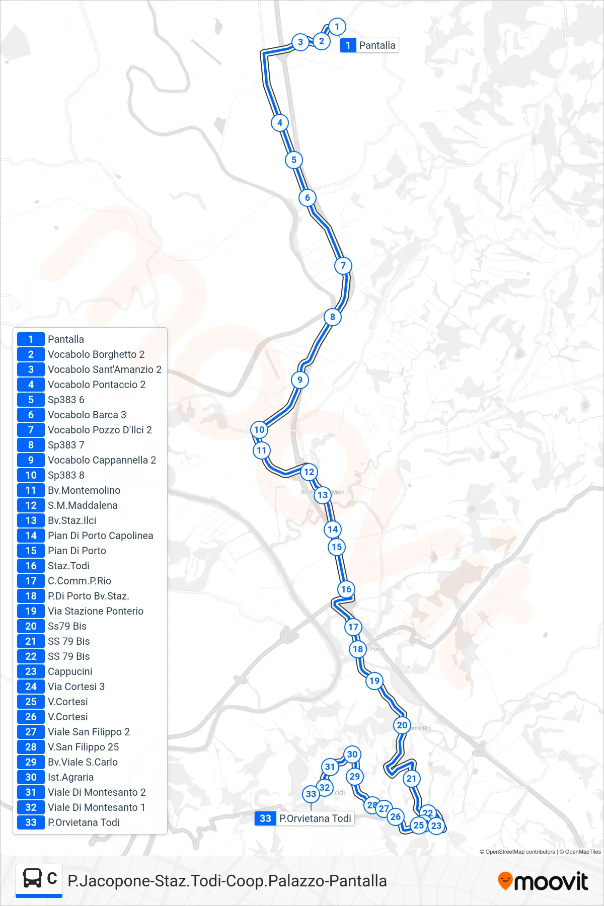 Linea C bus (Pantalla→P.Orvietana Todi) - Percorsi e fermate sulla mappa