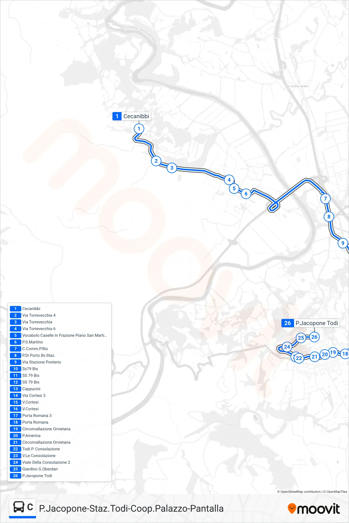 Linea C  bus (Cecanibbi‎→P.Jacopone Todi) - Percorsi e fermate sulla mappa