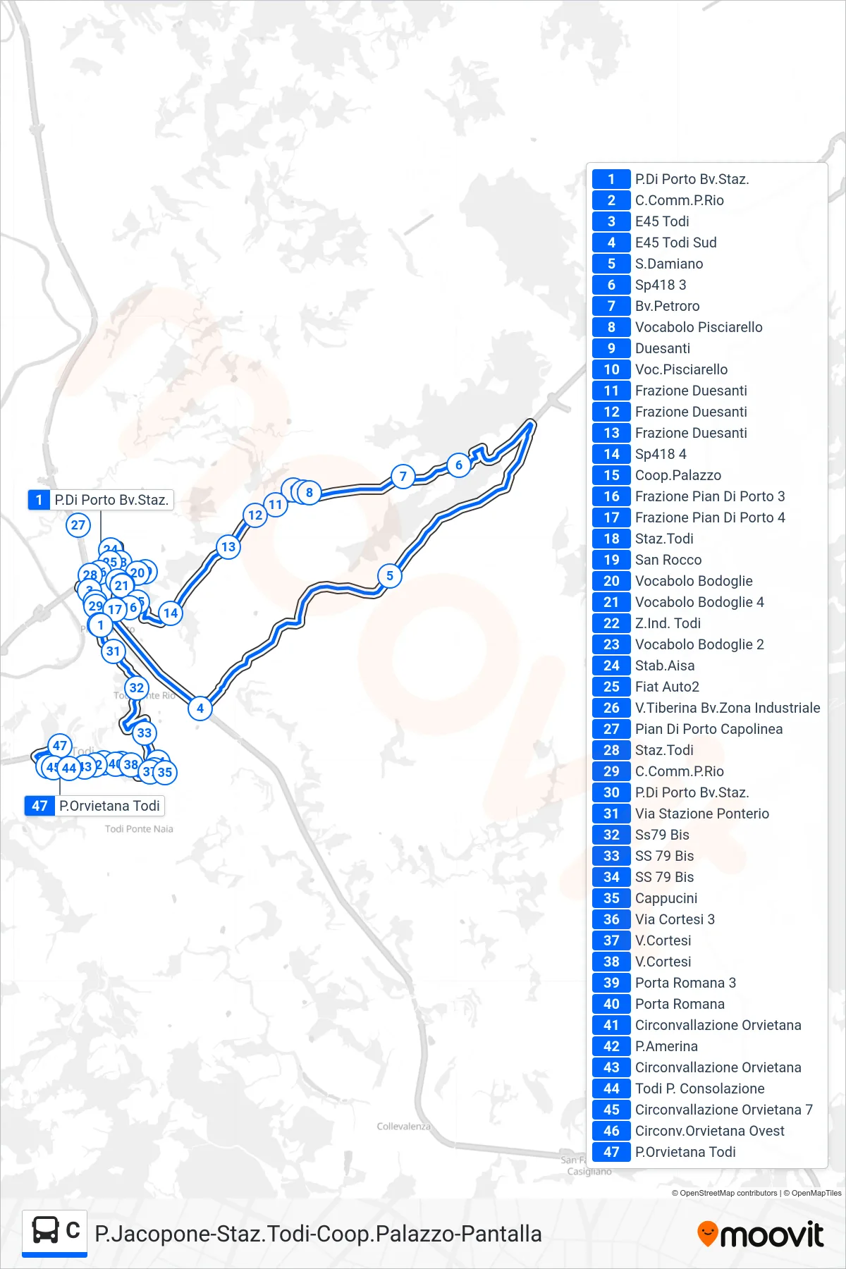 Linea C  bus (P.Di Porto Bv.Staz.‎→P.Orvietana Todi) - Percorsi e fermate sulla mappa